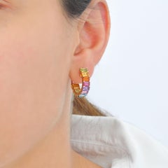 9.35 Carat Multicolor Rainbow Gemstones Octagon Gold Hoop Earrings