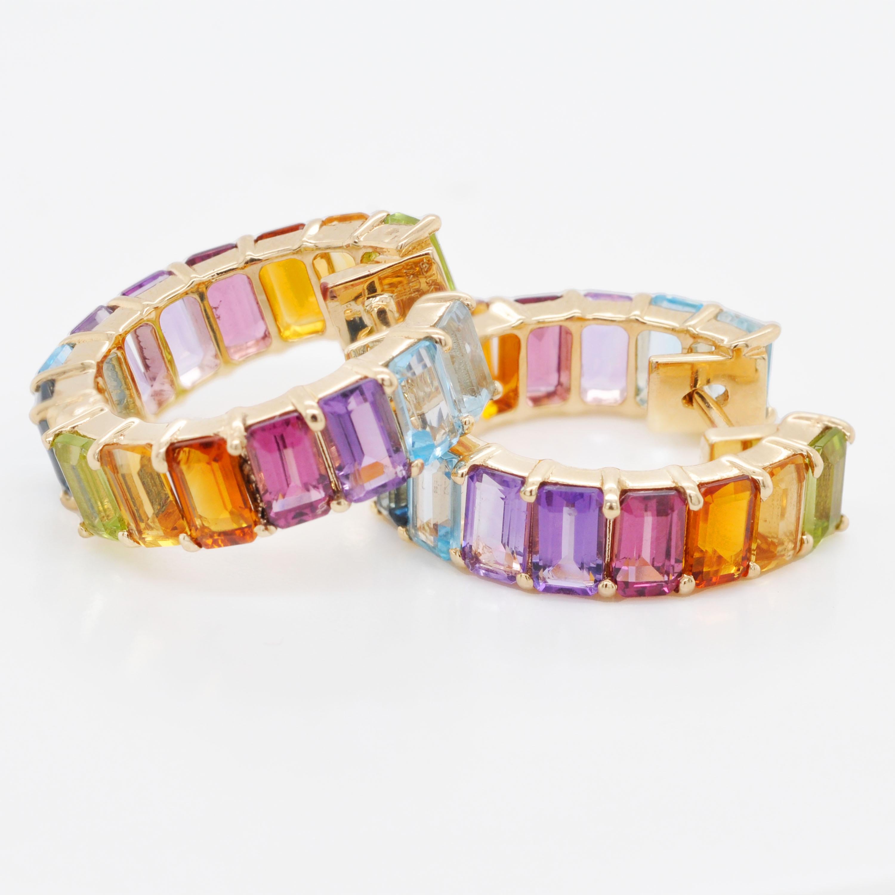 De las mujeres Pendientes de aro de oro octogonal con gemas multicolor arco iris de 9,35 quilates en venta