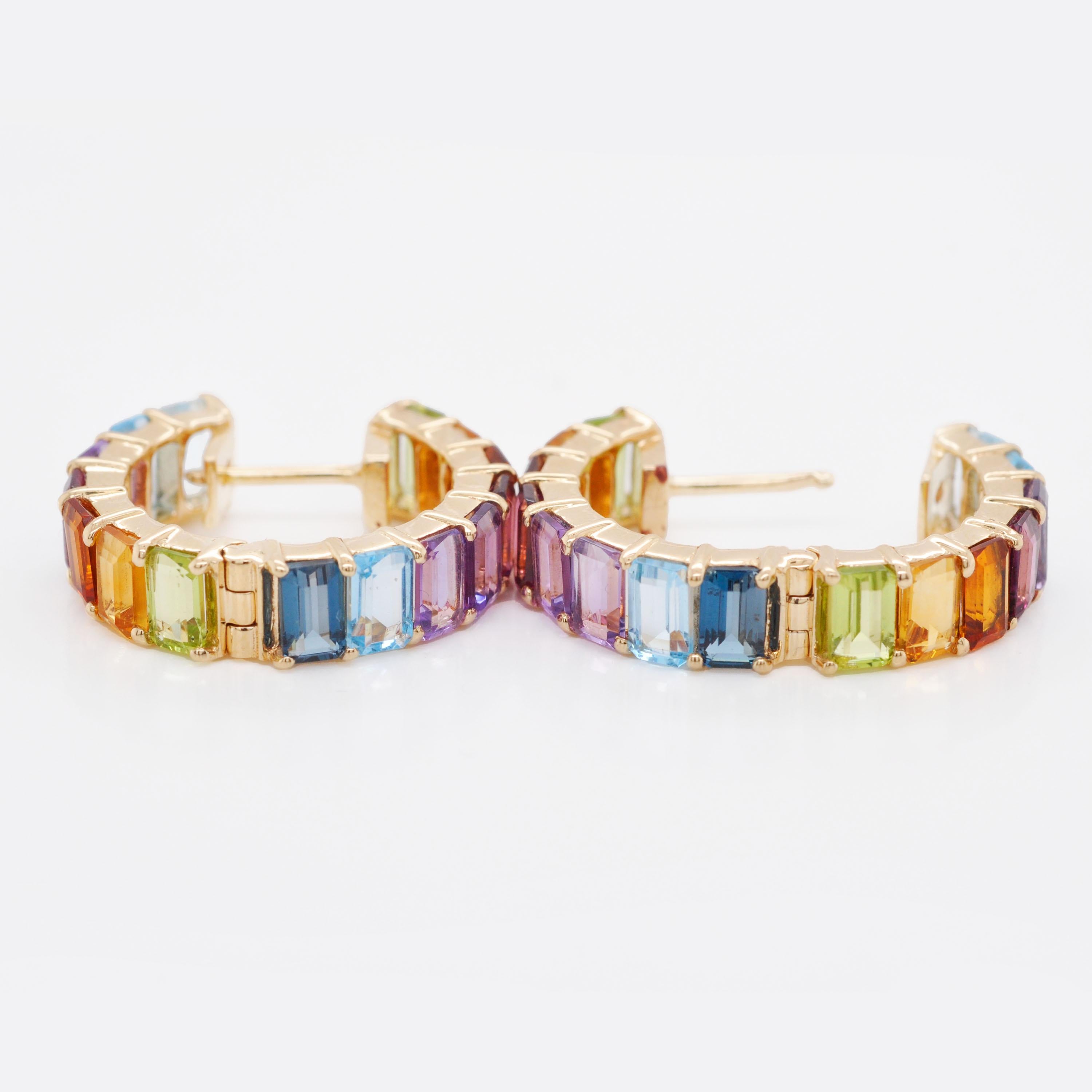 Pendientes de aro de oro octogonal con gemas multicolor arco iris de 9,35 quilates en venta 1