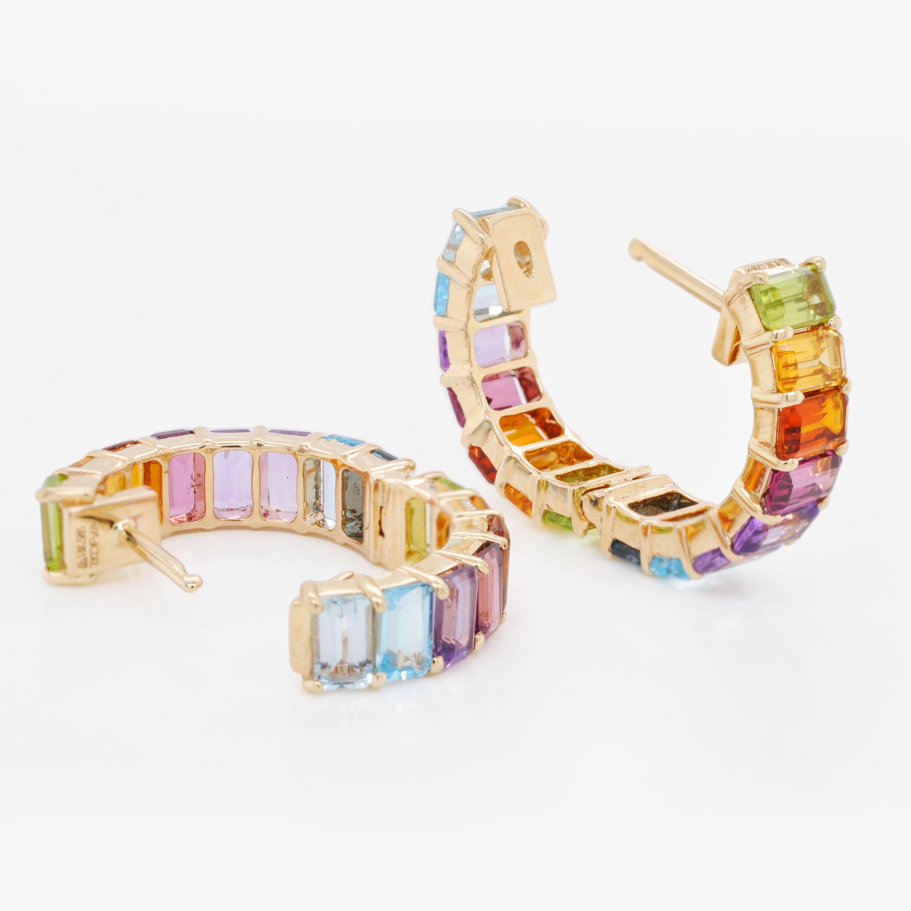 Pendientes de aro de oro octogonal con gemas multicolor arco iris de 9,35 quilates en venta 2