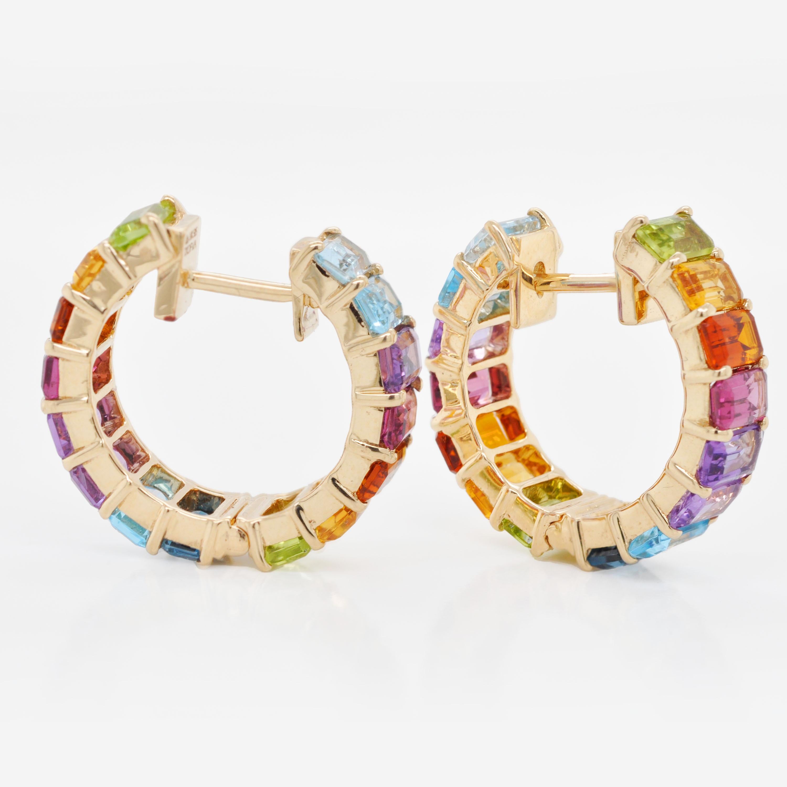 Pendientes de aro de oro octogonal con gemas multicolor arco iris de 9,35 quilates en venta 3