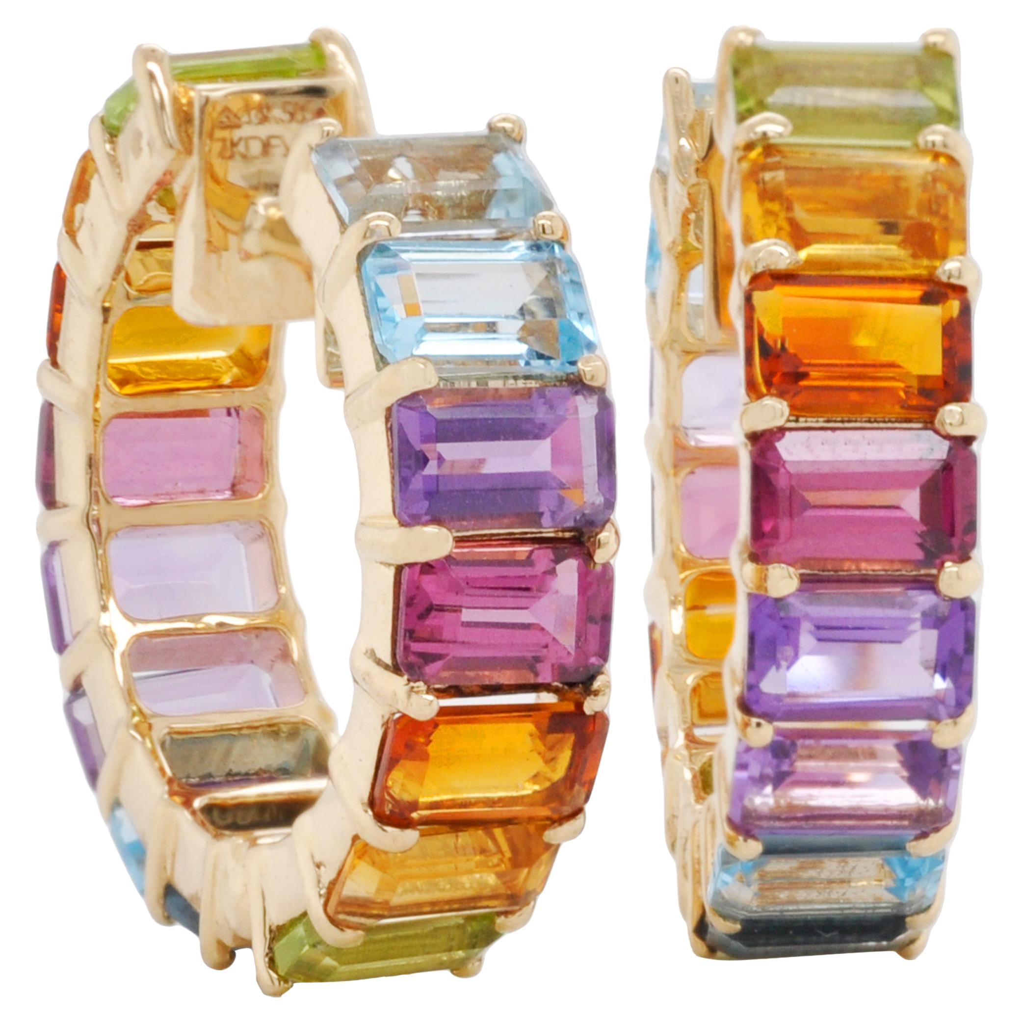 9.35 Carat Multicolor Rainbow Gemstones Octagon Gold Hoop Ears