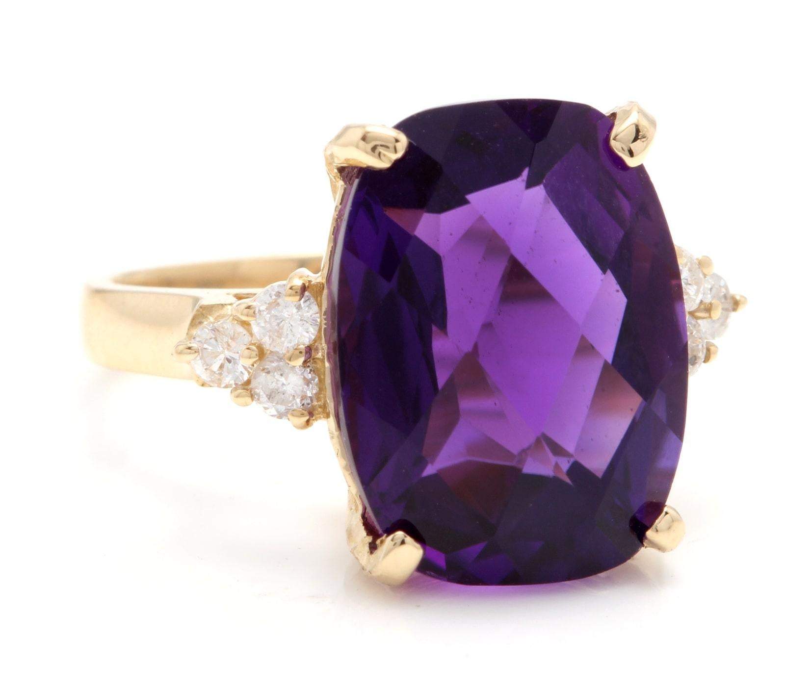 9.35 Carats Natural Impressive Amethyst and Diamond 14K Yellow Gold Ring

Total Amethyst Weight: Approx. 9.00 Carats

Amethyst Measures: Approx. 16 x 12mm

Natural Round Diamonds Weight: 0.35 Carats (color G-H / Clarity SI1-SI2)

Ring size: 7 (we