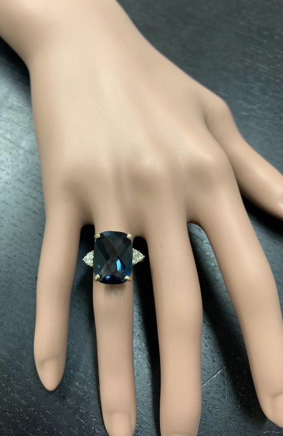 9.35 Carat Natural Impressive London Blue Topaz and Diamond 14 Karat Gold Ring For Sale 1