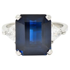 9.35 Carats Emerald Cut No Heat Sapphire Trilliant Cut Diamond Platinum Ring