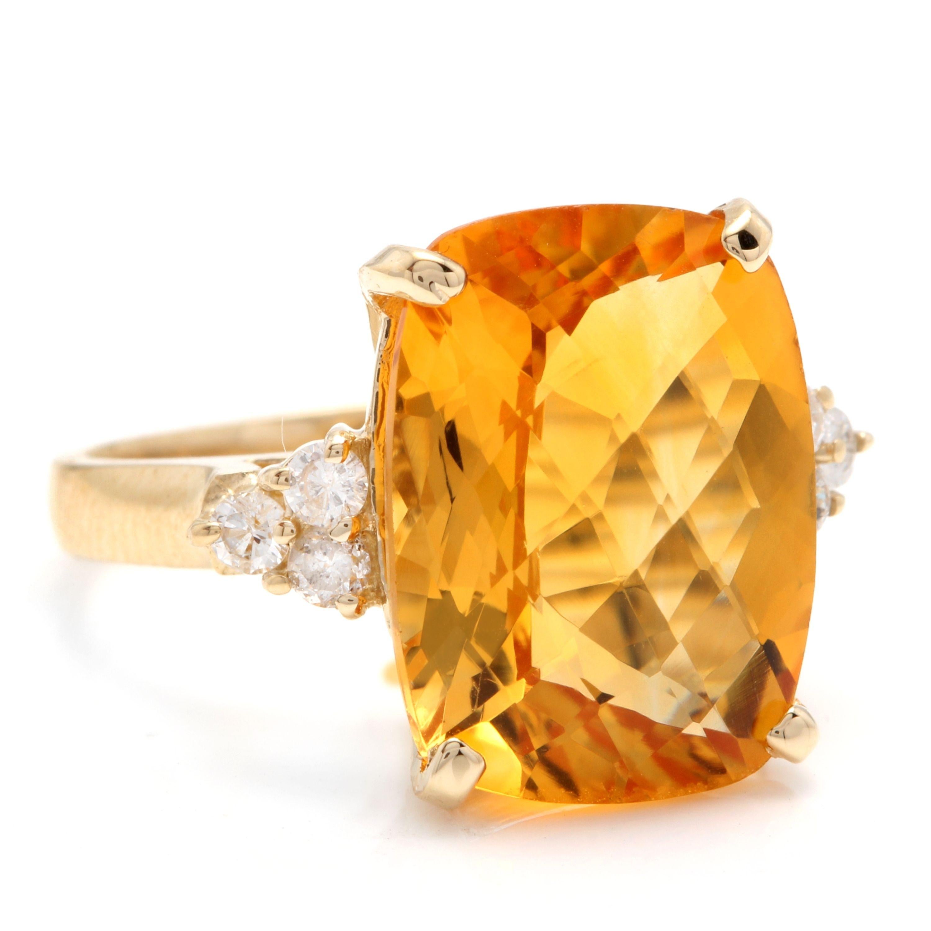 9.35 Carats Natural Very Nice Looking Citrine and Diamond 14K Solid Yellow Gold Ring

Total Natural Cushion Citrine Weight is: Approx. 9.00 Carats

Citrine Measures: Approx. 16.00 x 12.00mm

Natural Round Diamonds Weight: Approx. 0.35 Carats (color