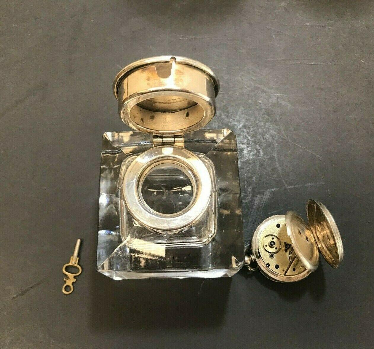 935 Sterling Silver Modernist Cut Glass Pocket-Watch Mounted Inkwell. H Samuel 3