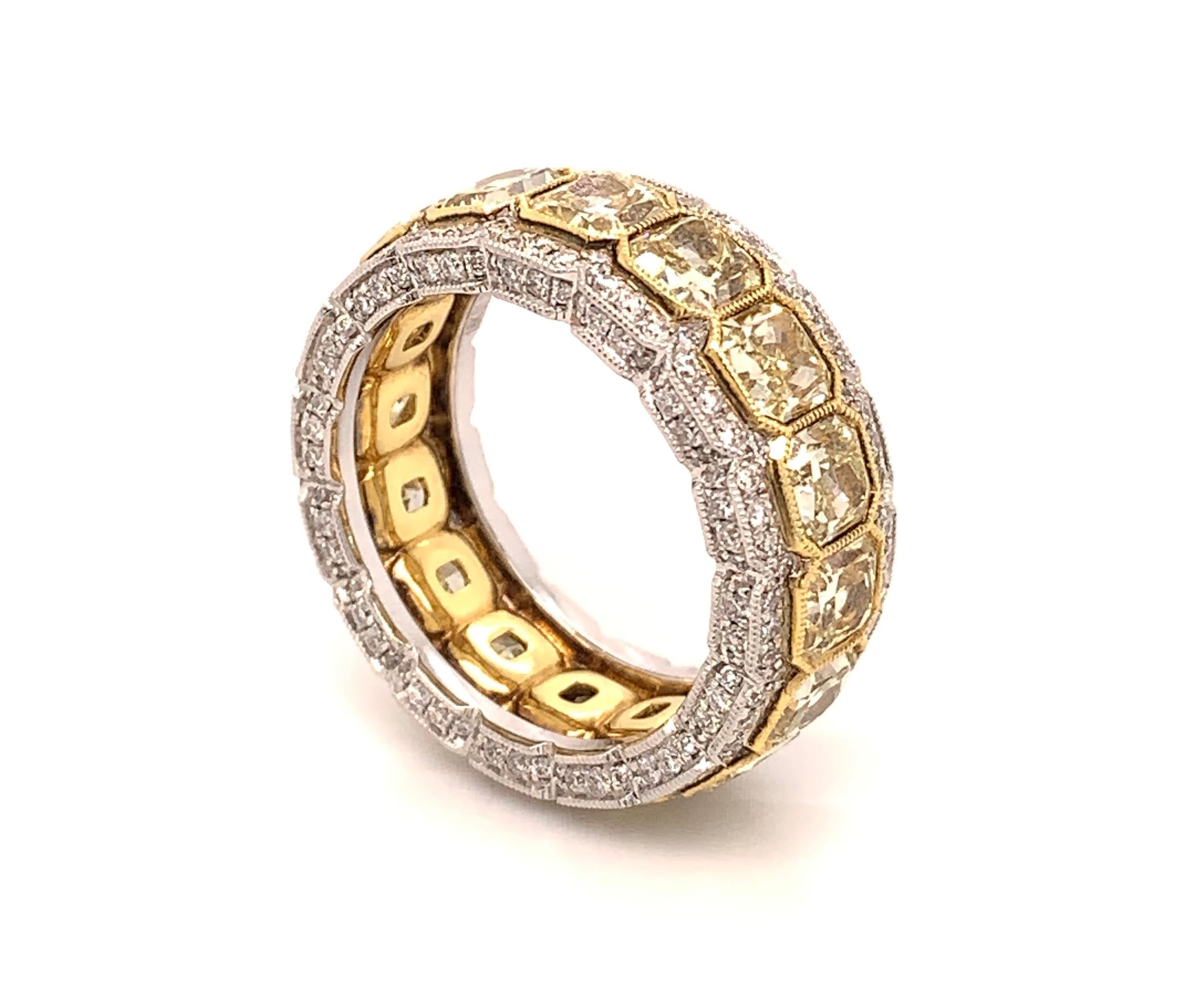 Breathtaking Radiant Cut diamond eternity ring made in rich yellow gold amazing and brilliant from all angles. Will take your breath away the moment you put it on. Perfectly matched circle of fancy yellow radiant cut diamonds, an ideal wedding or