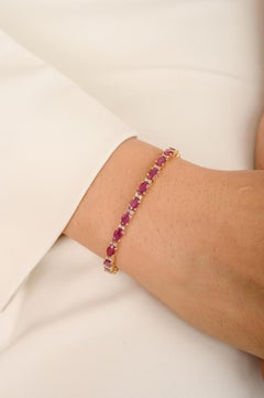 9.36 Carat Genuine Ruby Diamond Tennis Bracelet in 14K Solid Yellow Gold
