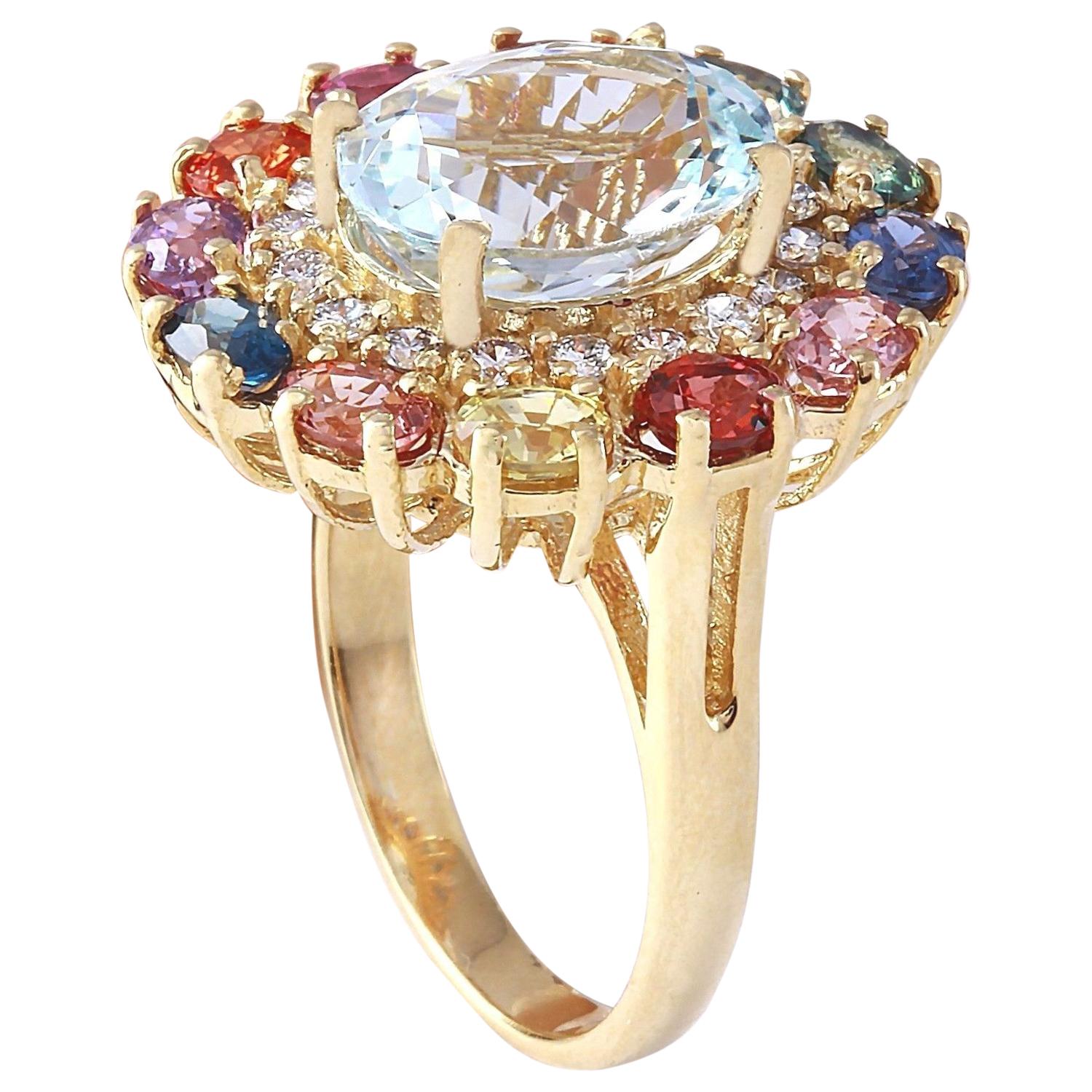 Natural Aquamarine, Sapphire 14 Karat Solid Yellow Gold Diamond Ring In New Condition For Sale In Manhattan Beach, CA