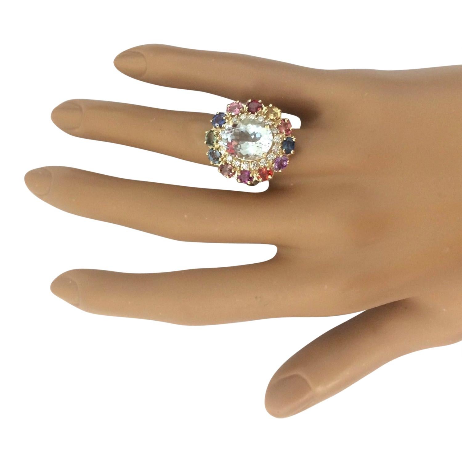 Women's Natural Aquamarine, Sapphire 14 Karat Solid Yellow Gold Diamond Ring For Sale