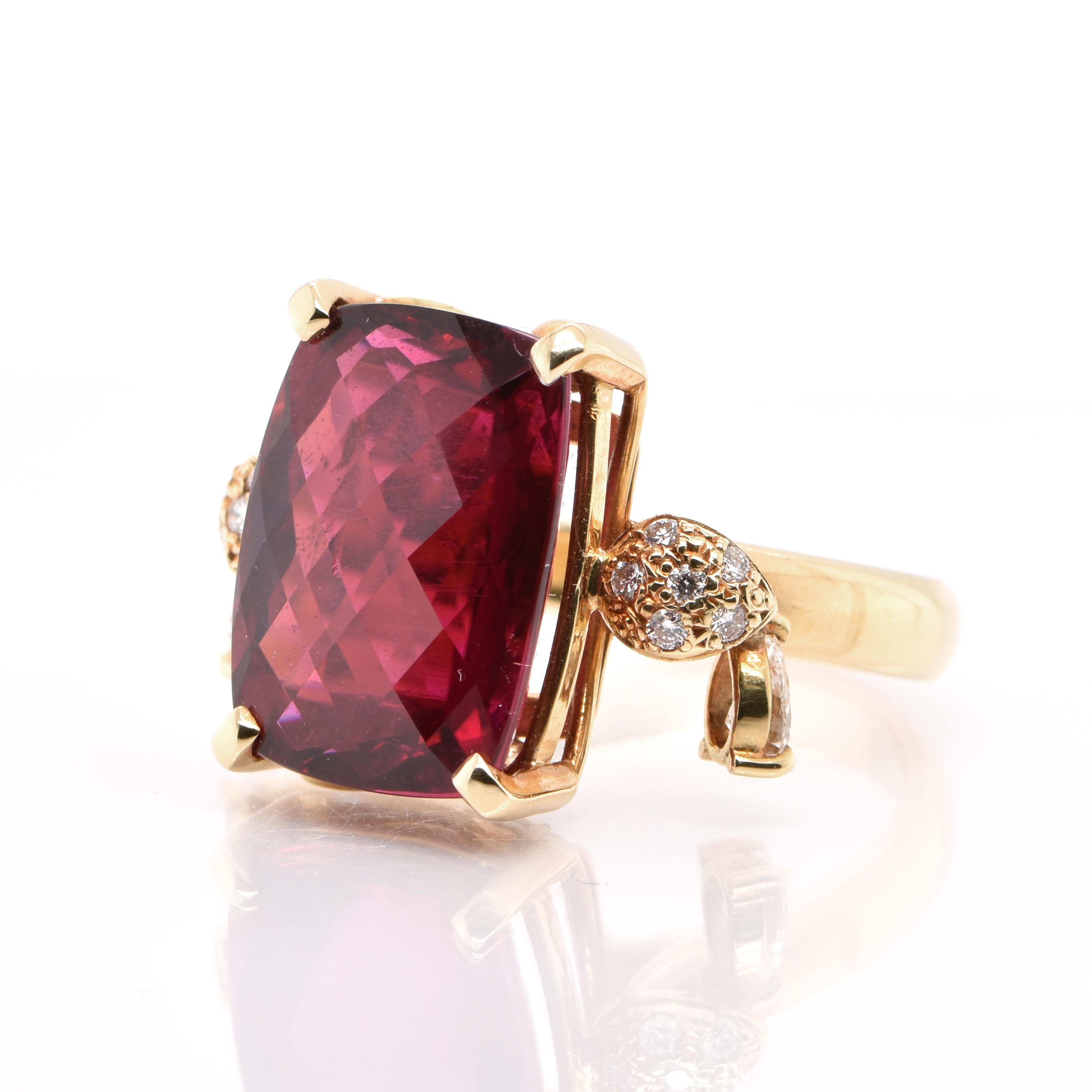 A stunning Cocktail Ring featuring a 9.36 Carat Rubellite Tourmaline and 0.46 Carats of Round Brilliant Diamond Accents set in 18K Yellow Gold. Tourmalines were first discovered by Spanish conquistadors in Brazil in 1500s. The name Tourmaline comes