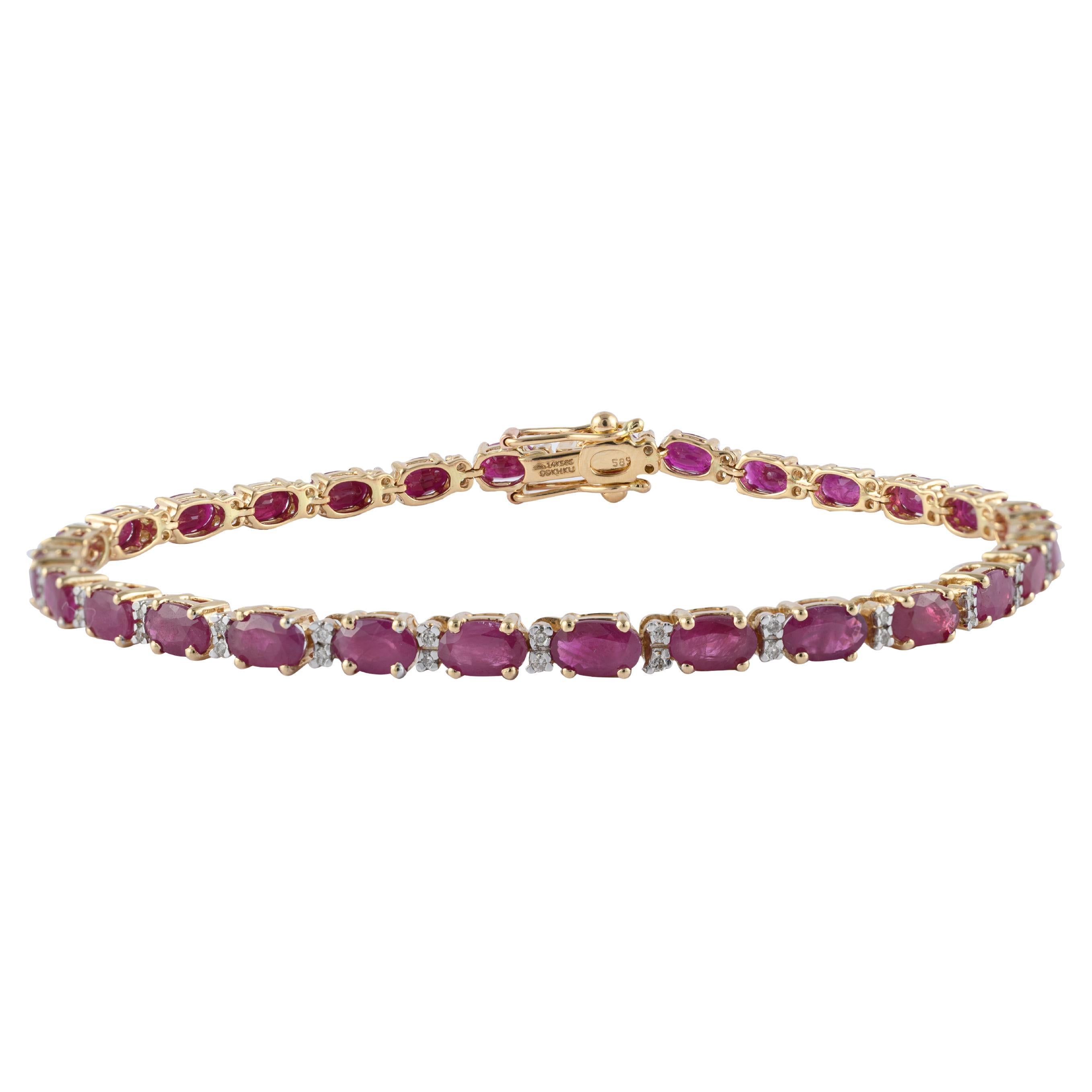 9.36 Carat Genuine Ruby Diamond Tennis Bracelet in 14K Solid Yellow Gold For Sale