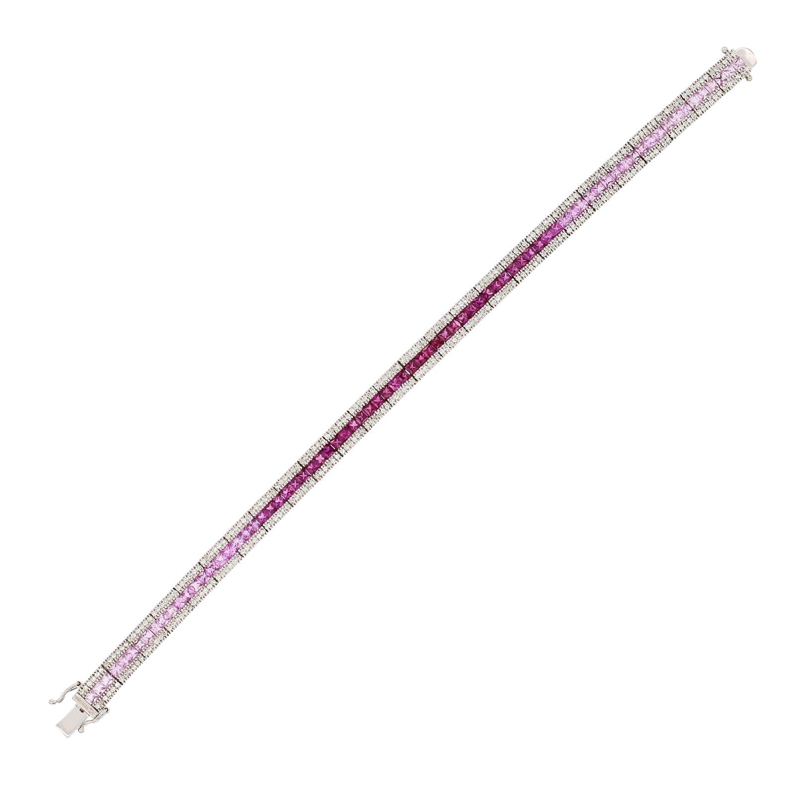 Women's 9.36 Natural Pink Sapphire and 1.56 Carat Diamonds 14 Karat White Gold Bracelet For Sale