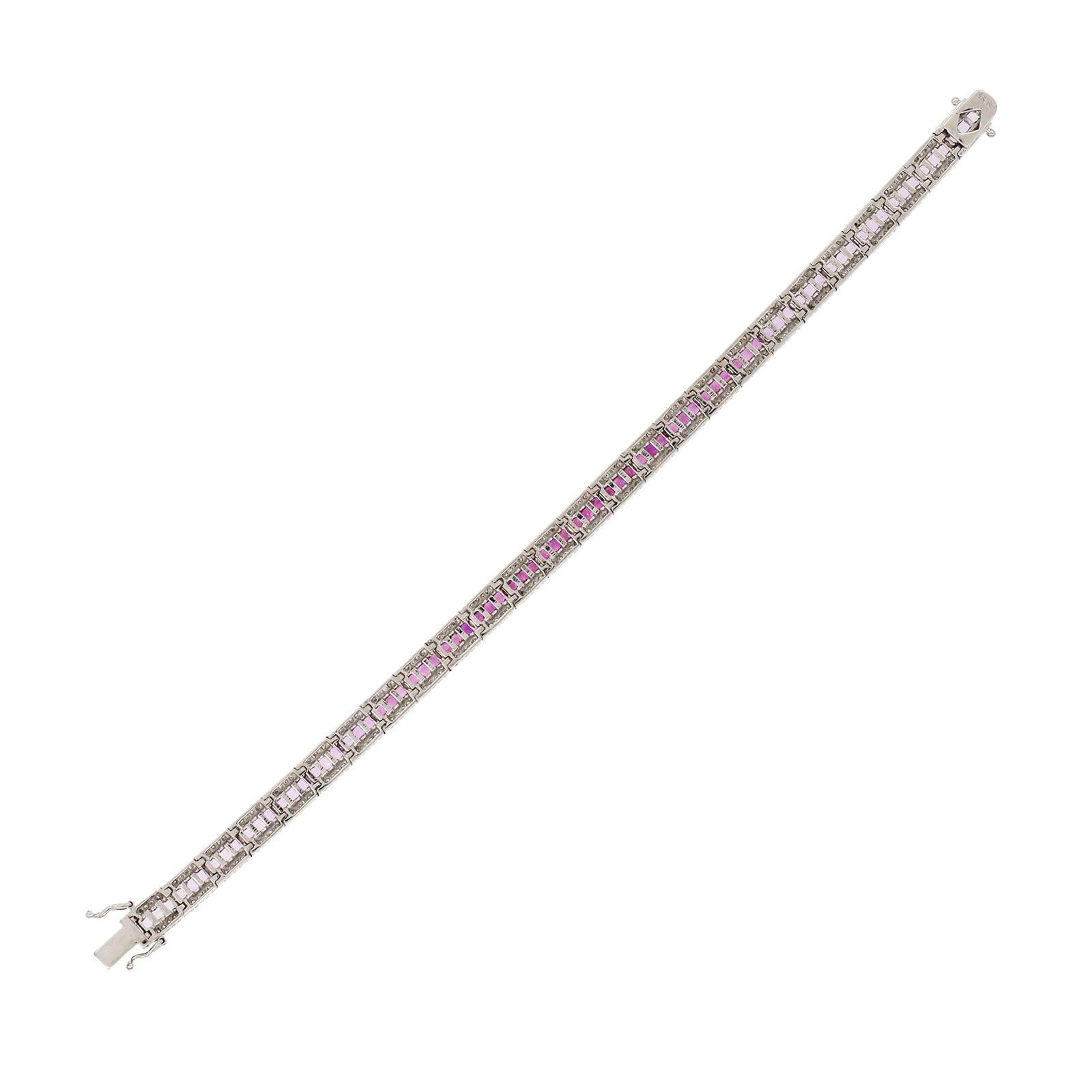9.36 Natural Pink Sapphire and 1.56 Carat Diamonds 14 Karat White Gold Bracelet For Sale 1
