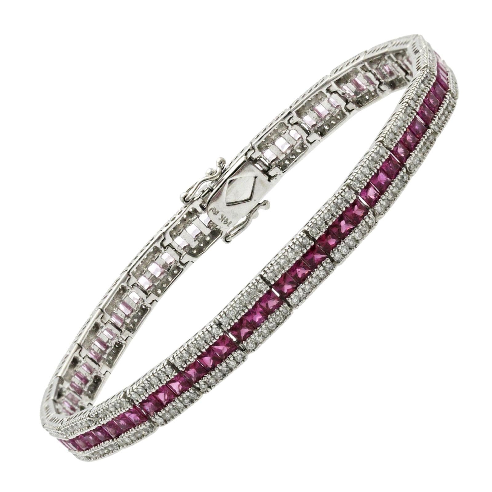9.36 Natural Pink Sapphire and 1.56 Carat Diamonds 14 Karat White Gold Bracelet For Sale