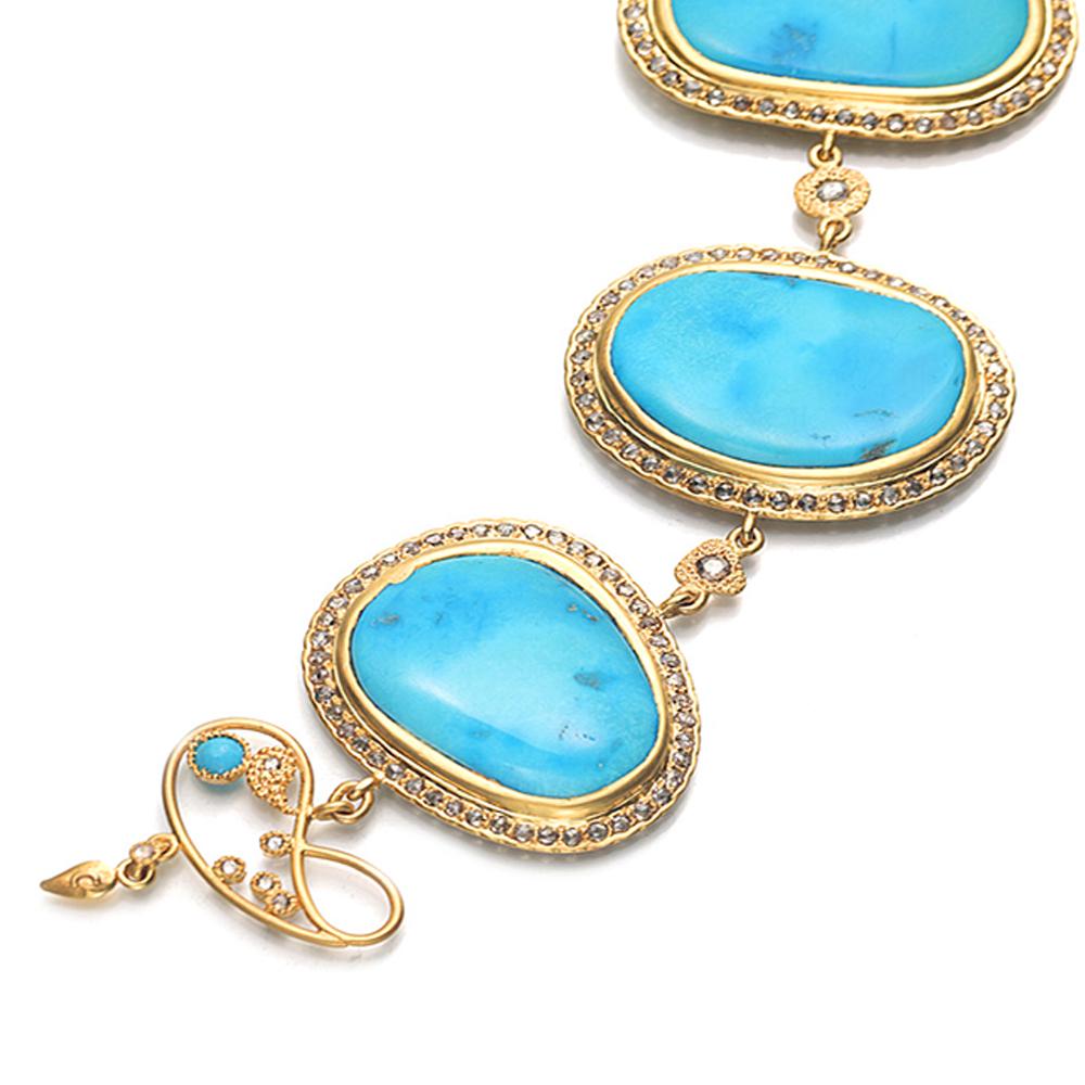 Moderne Bracelet de pépites de turquoises de 93,65 carats et diamants taille rose en vente