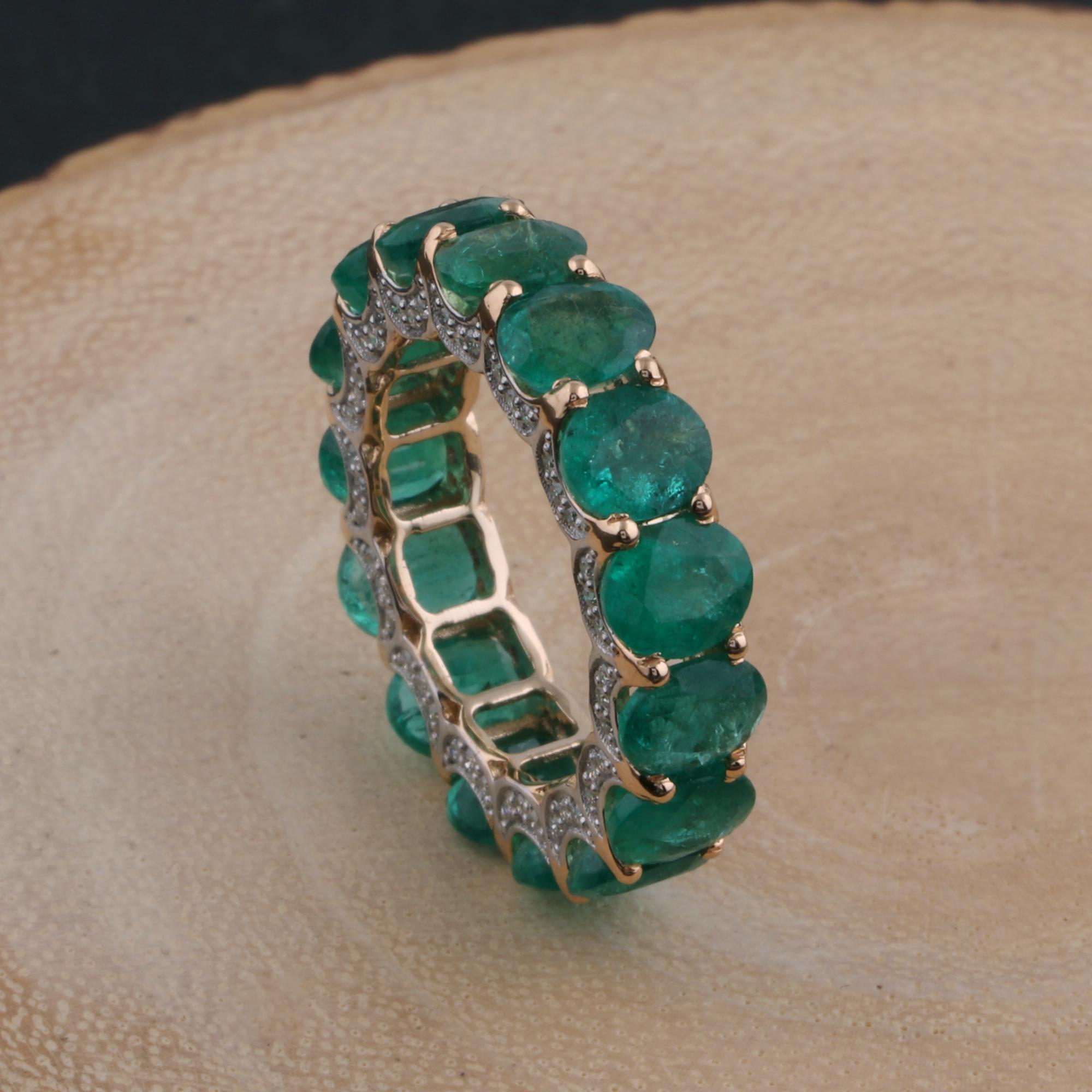 For Sale:  9.36ct Zambian Emerald Diamond Eternity Band Ring 18k Yellow Gold Fine Jewelry 4