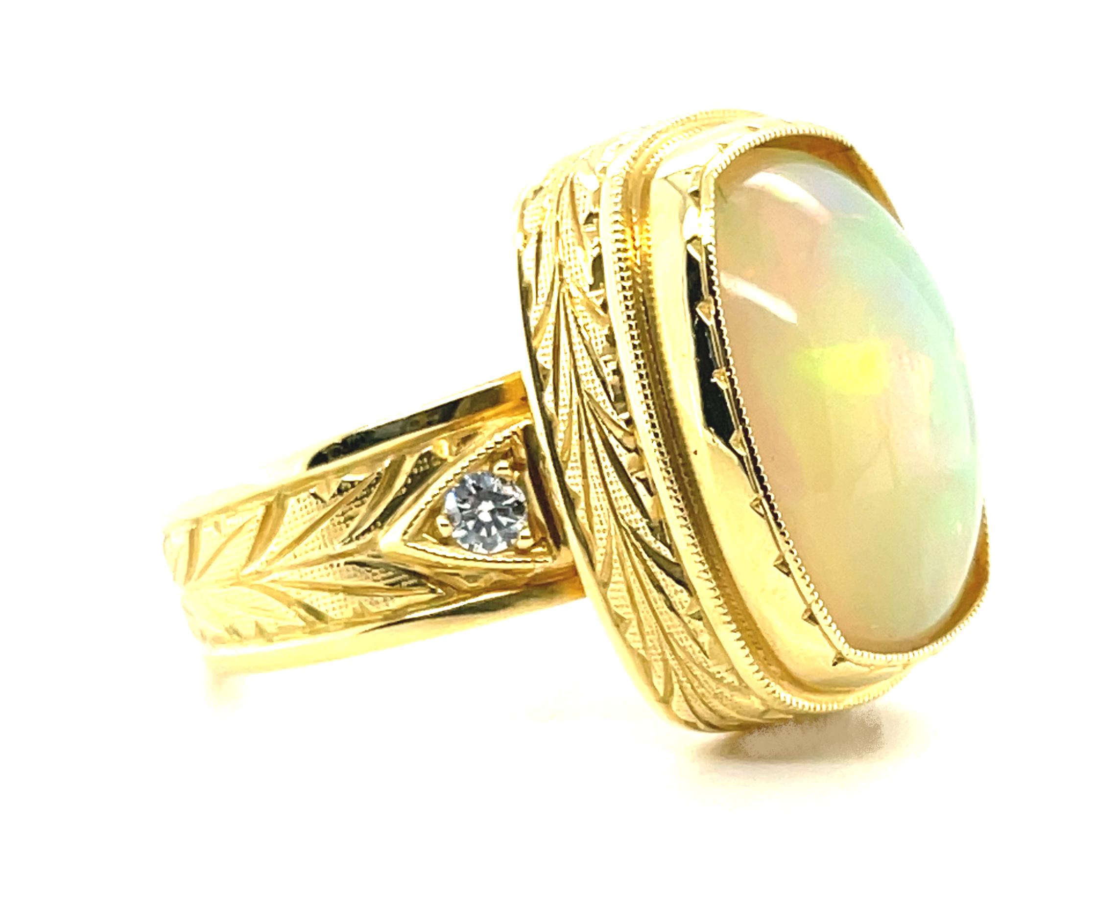 Cushion Cut Opal and Diamond Handmade Band Ring in 18k Yellow Gold. 9.37 Carats  For Sale