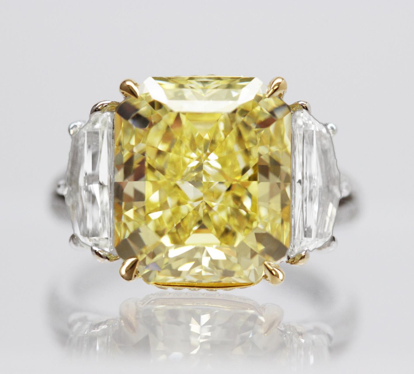 Women's 9.37 Carat Fancy Intense Yellow Radiant-Cut Diamond Trilogy Engagement Ring GIA For Sale