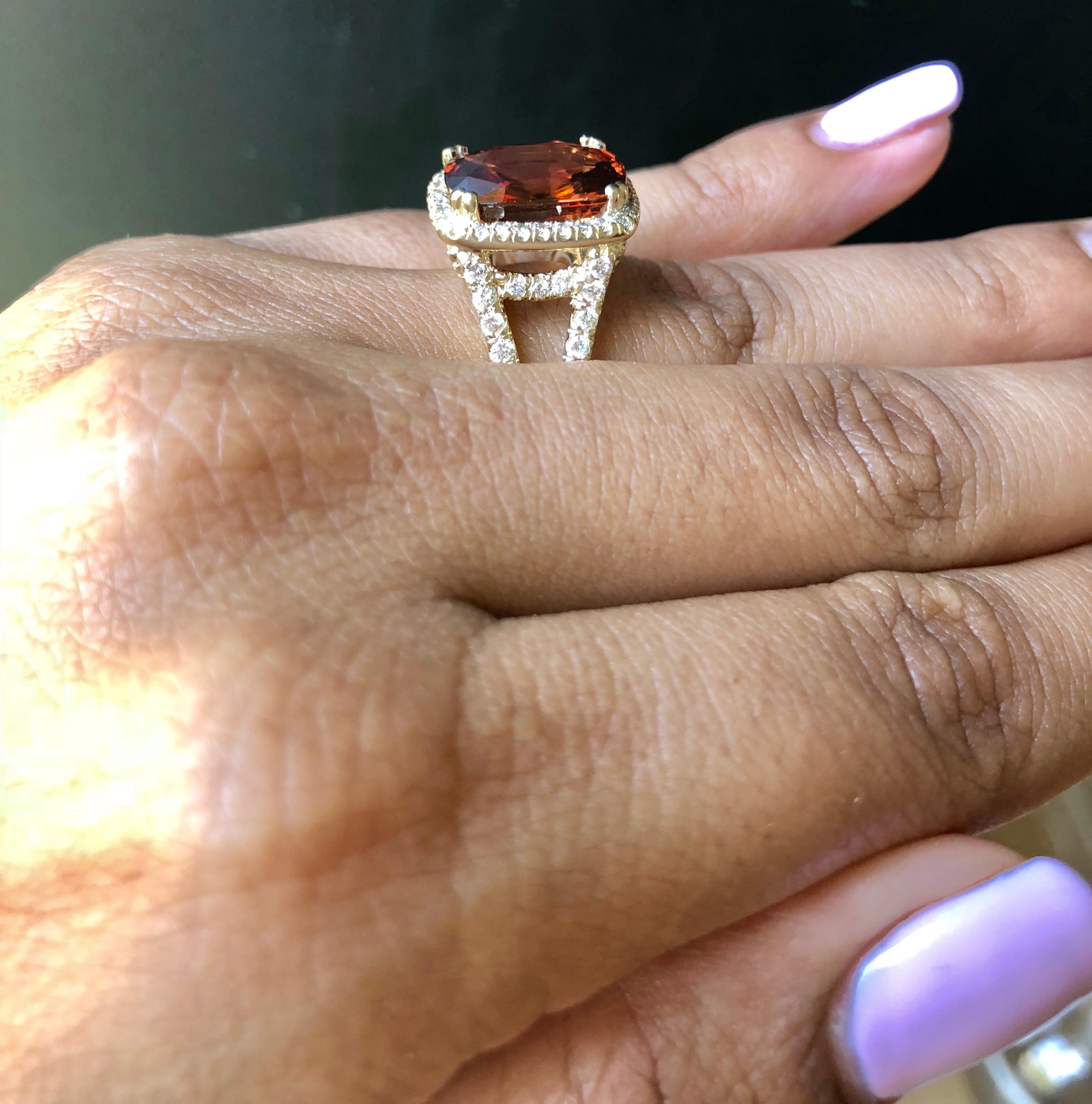 Women's 9.37 Carat Spessartine Garnet Diamond Yellow Gold Engagement Ring