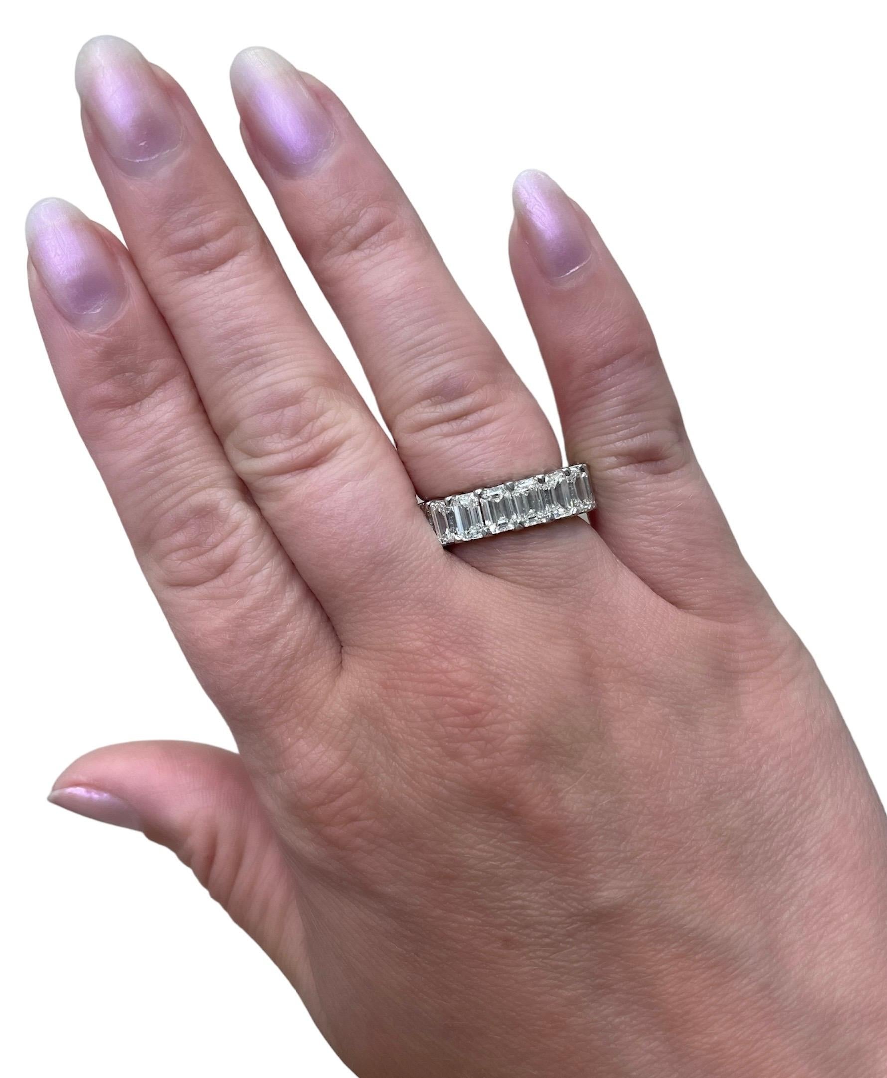 This amazing emerald cut eternity band contains 18 diamonds weighing 9.37 carats total. Mounted in platinum and beautifully crafted, this ring is perfect for a wedding band or to add to your stack!

Ring size: 6
Stamp: PLAT

Diamond Characteristics