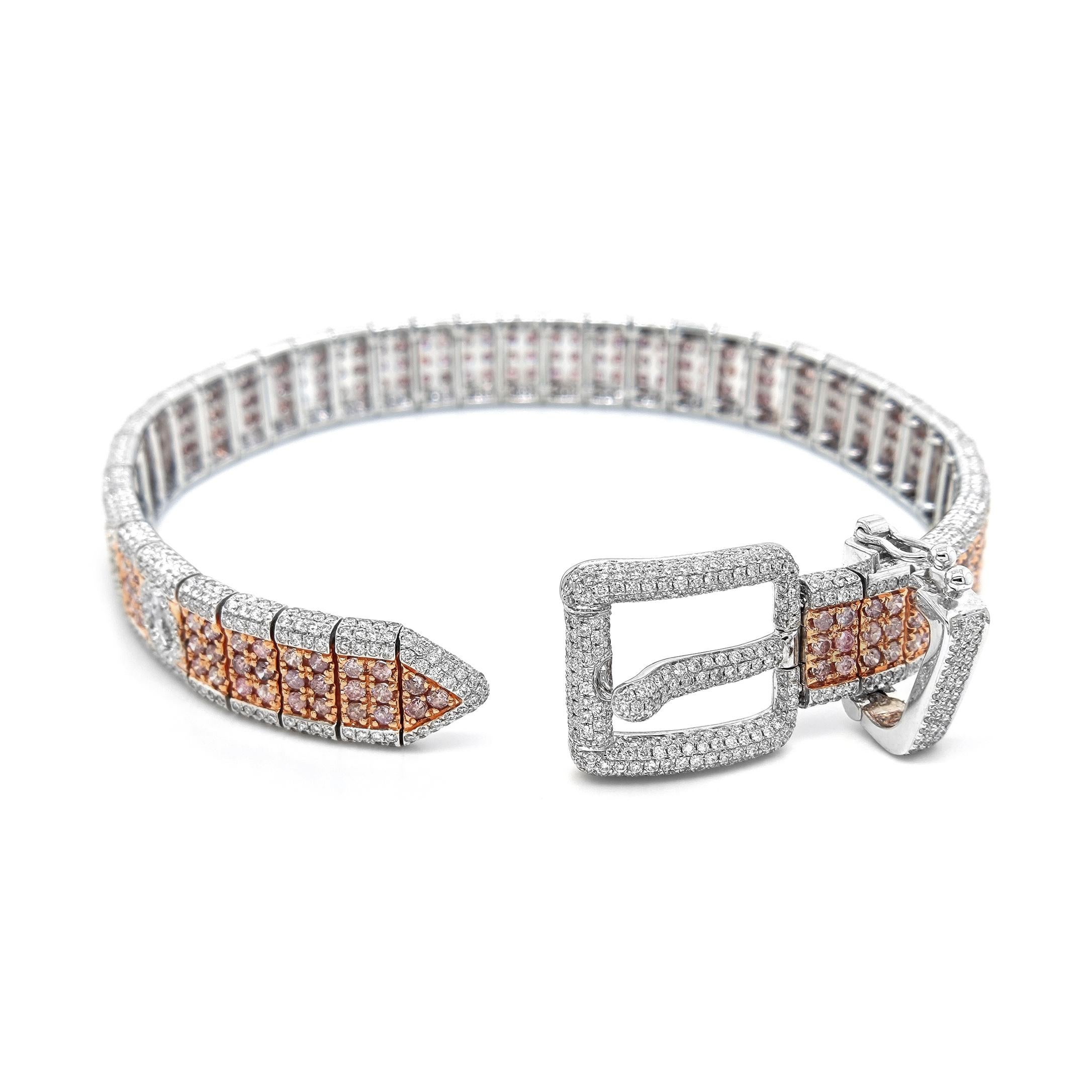 Round Cut 9.37 Carats Pink and White Diamond, Rose and White Gold, Belt Bracelet For Sale