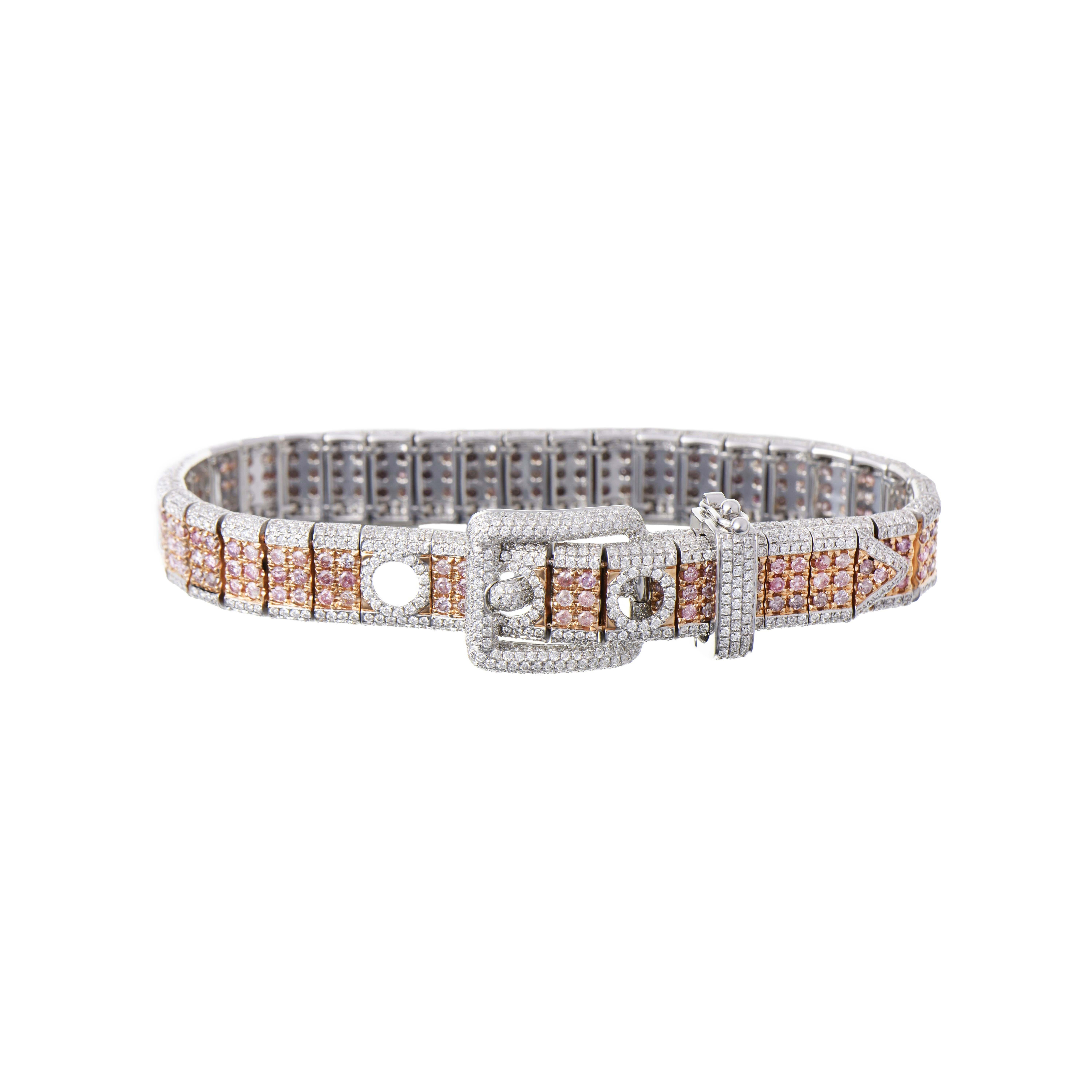 9.37 Carats Pink and White Diamond, Rose and White Gold, Belt Bracelet In New Condition For Sale In New York, NY