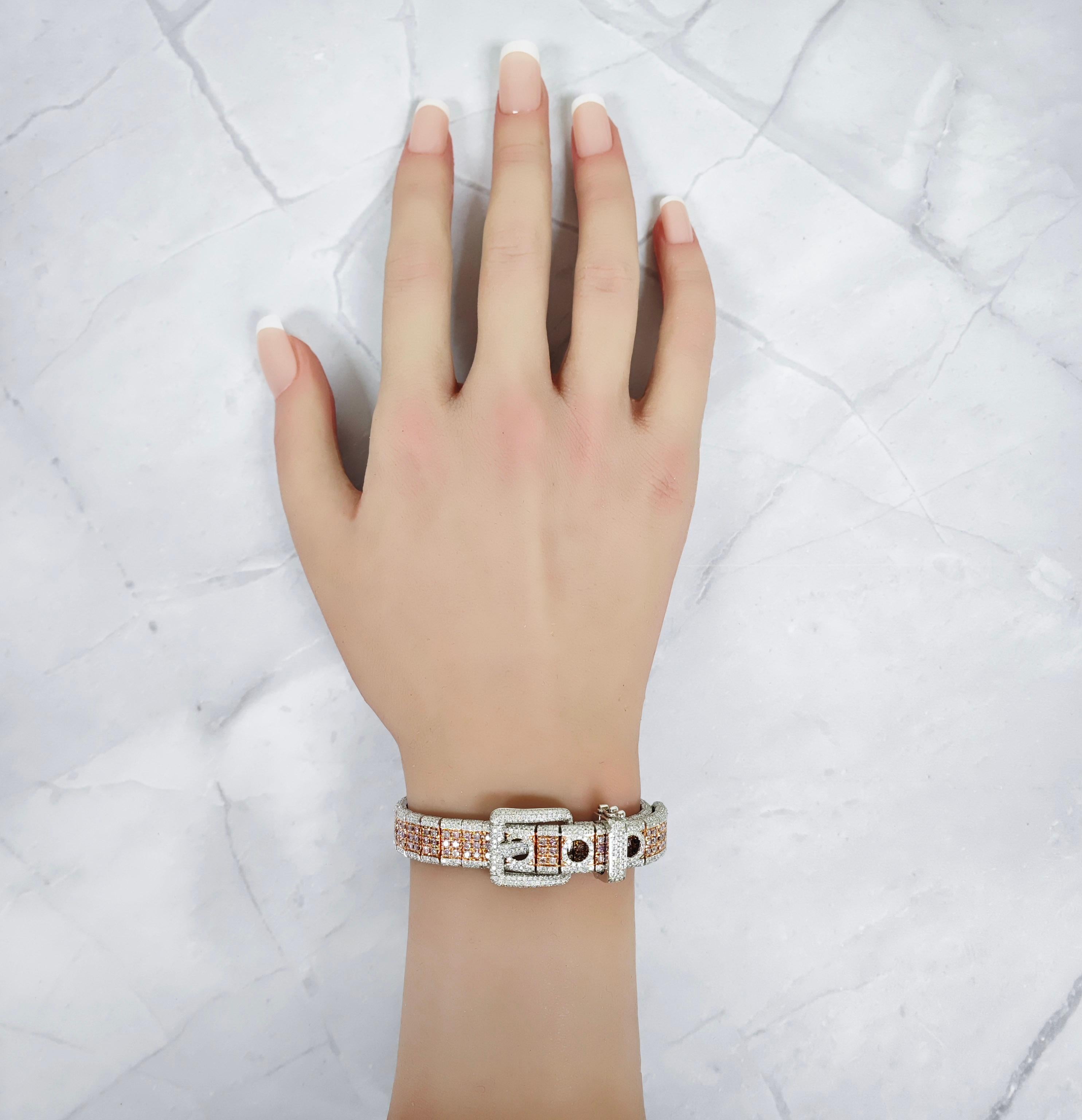 Women's or Men's 9.37 Carats Pink and White Diamond, Rose and White Gold, Belt Bracelet For Sale