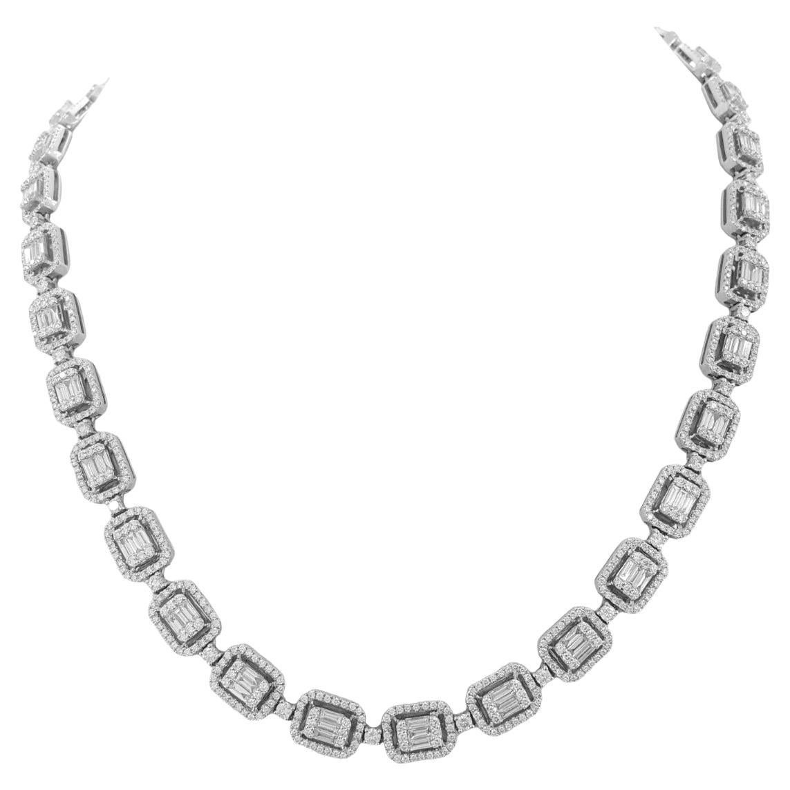 9 Karat runder Brillantschliff und Baguette-Diamant-Tennis-Halskette aus 18 Karat