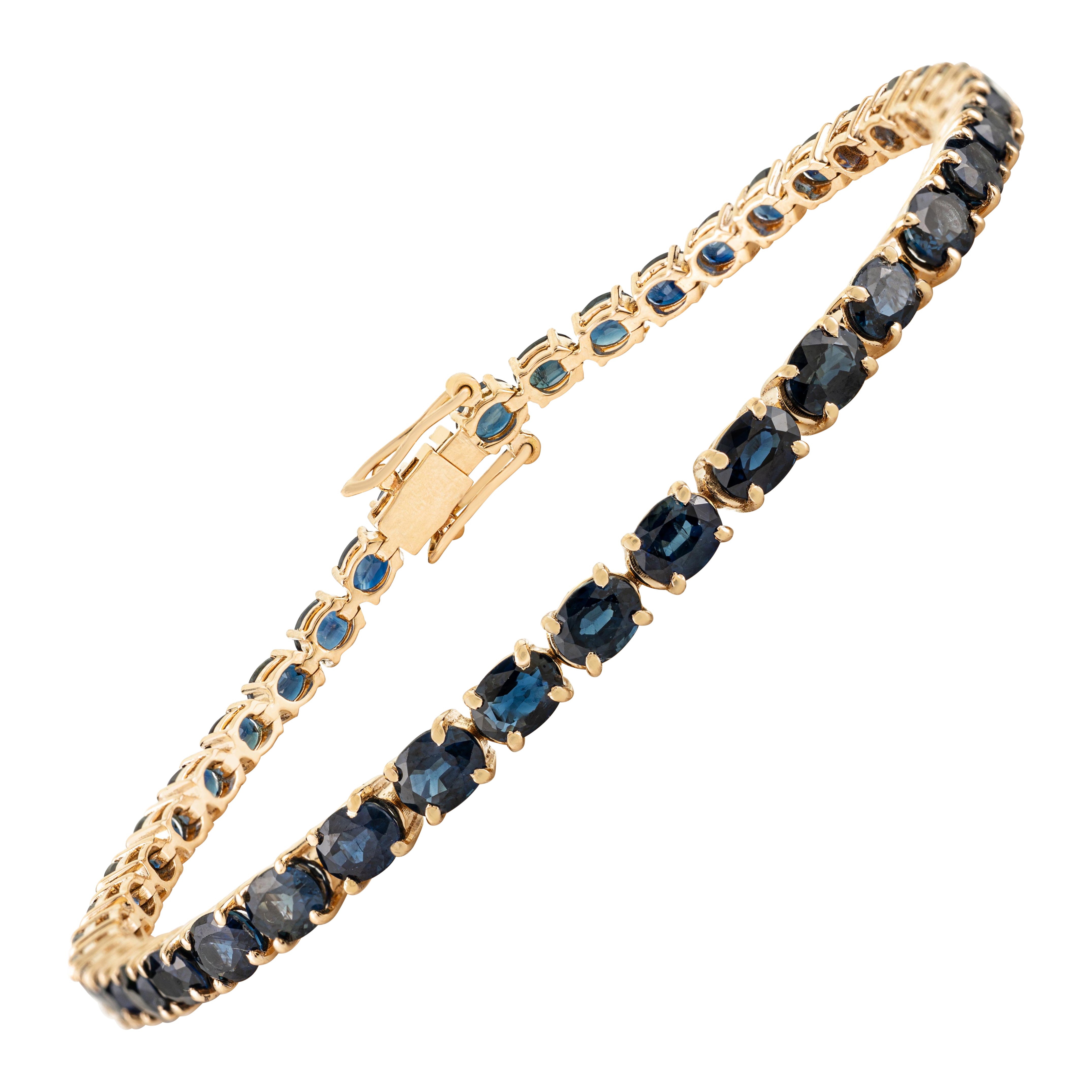 9.38 Carat Natural Blue Sapphire Tennis Bracelet in 14K Yellow Gold Prong-Set