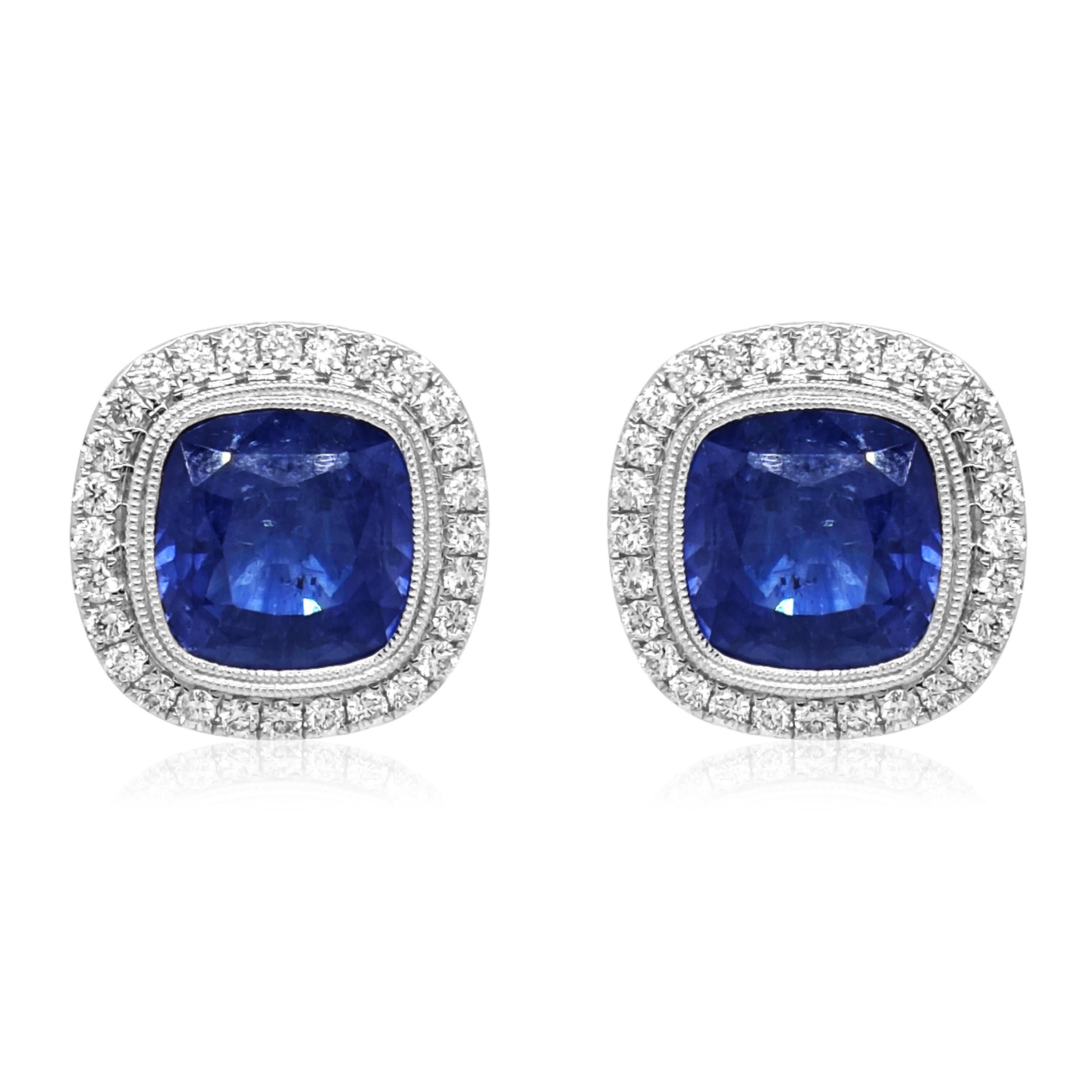 Cushion Cut 9.38 Carats Sapphire and White Diamond White Gold Earrings For Sale