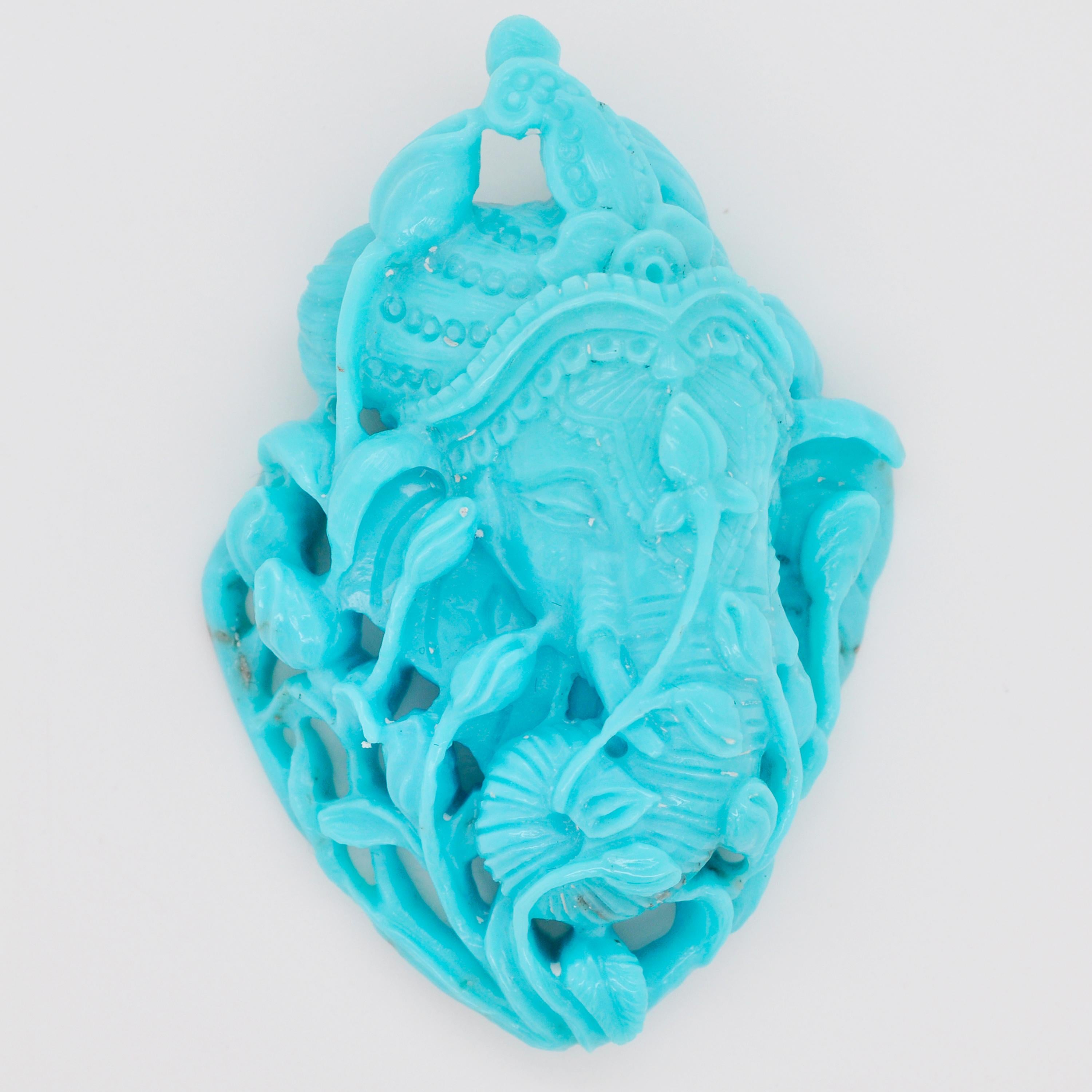 Contemporain Broche pendentif Ganesh sculptée en turquoise naturelle d'Arizona de 93,86 carats en vente