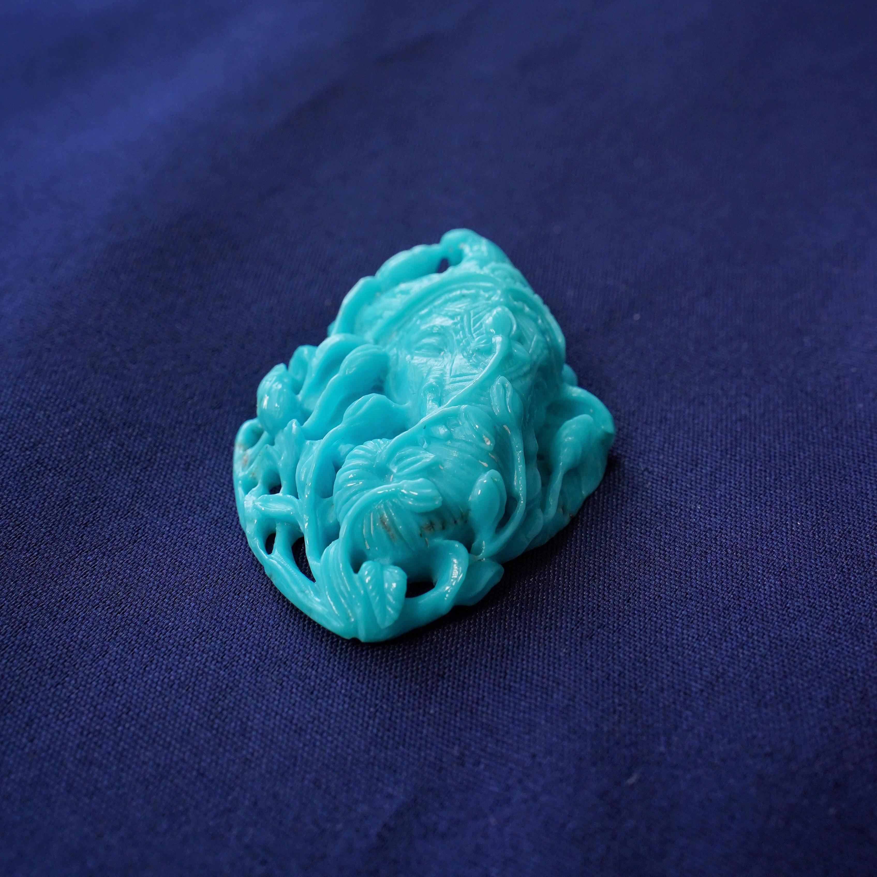 Mixed Cut 93.86 Carat Natural Arizona Turquoise Ganesha Carving Pendant Brooch For Sale