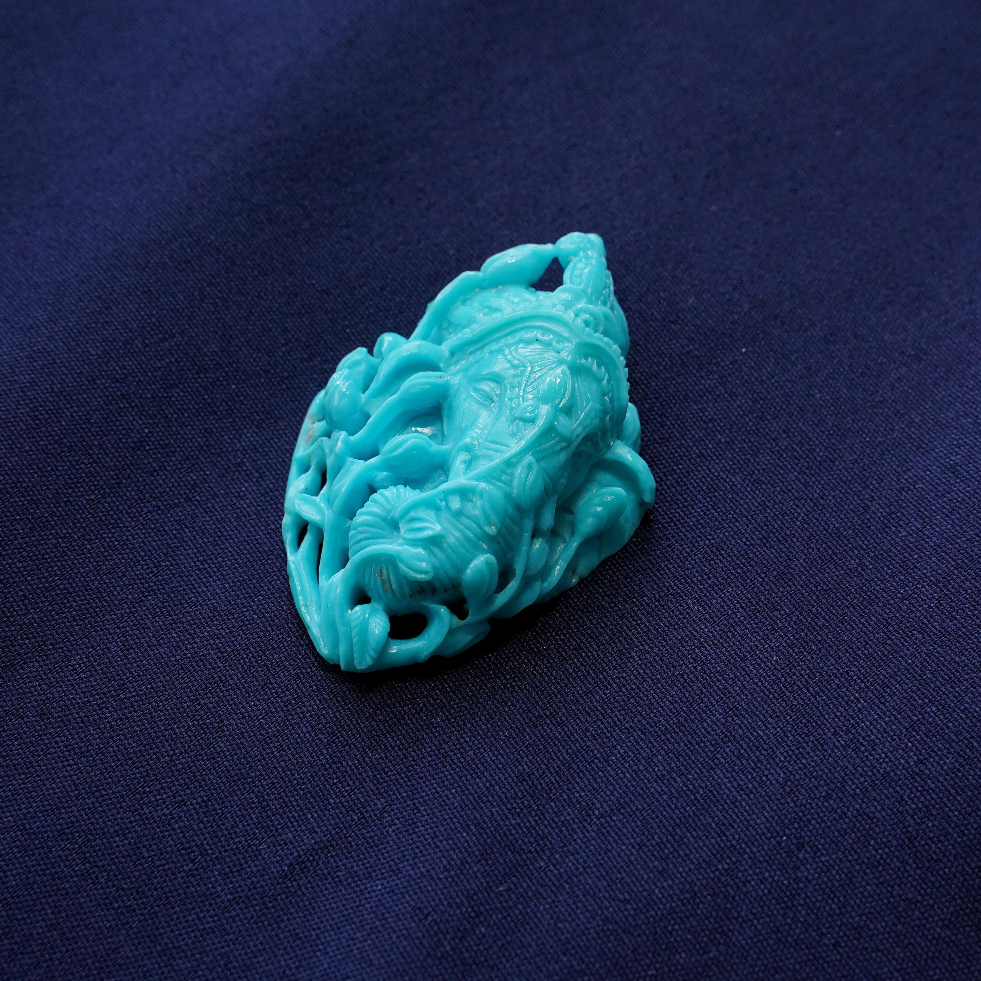 Women's or Men's 93.86 Carat Natural Arizona Turquoise Ganesha Carving Pendant Brooch For Sale