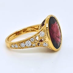 9.39 Carat Rhodolite Garnet Round Diamond Yellow Gold Ring