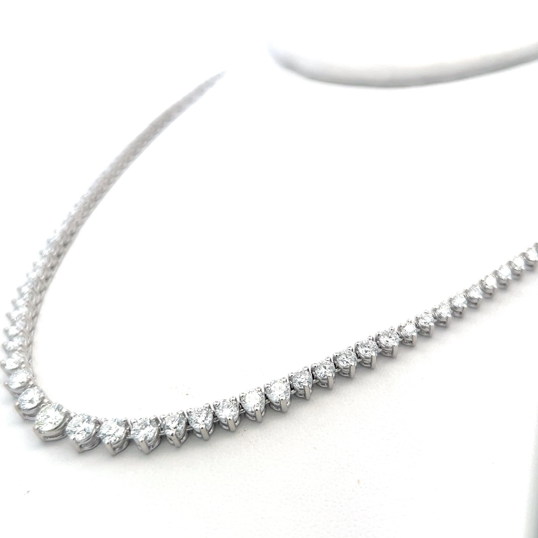 Brilliant Cut 9.39 Carat Round Brilliant Diamond 14 Karat White Gold Riviera Necklace For Sale