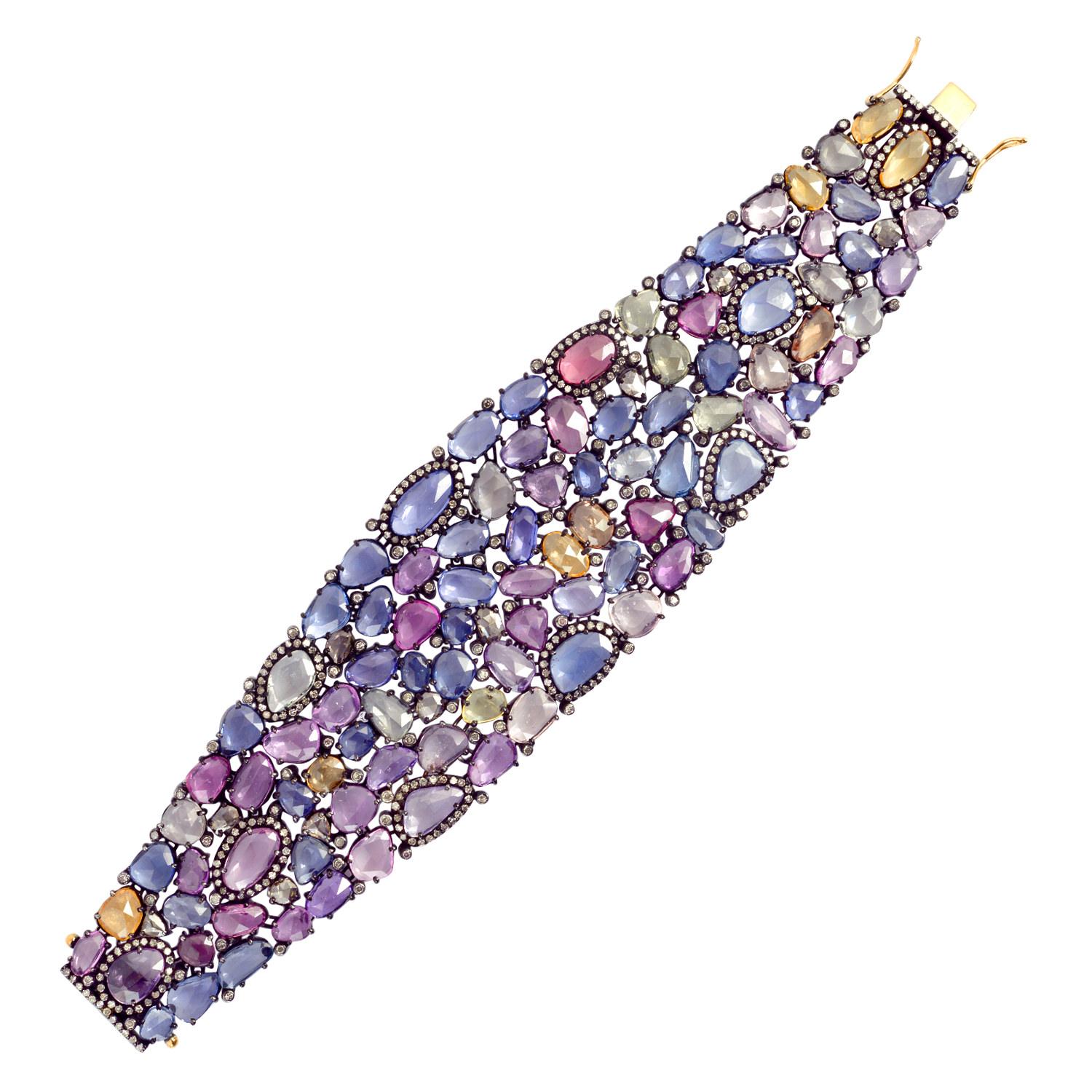 Contemporary 93.94 ct Multi Sapphire Bracelet With Diamonds Made In 18k White Gold & Silver For Sale