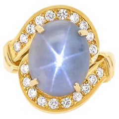 Vintage 9.39ct Cabochon Star Sapphire and Diamond 18 Carat Yellow Gold Ring