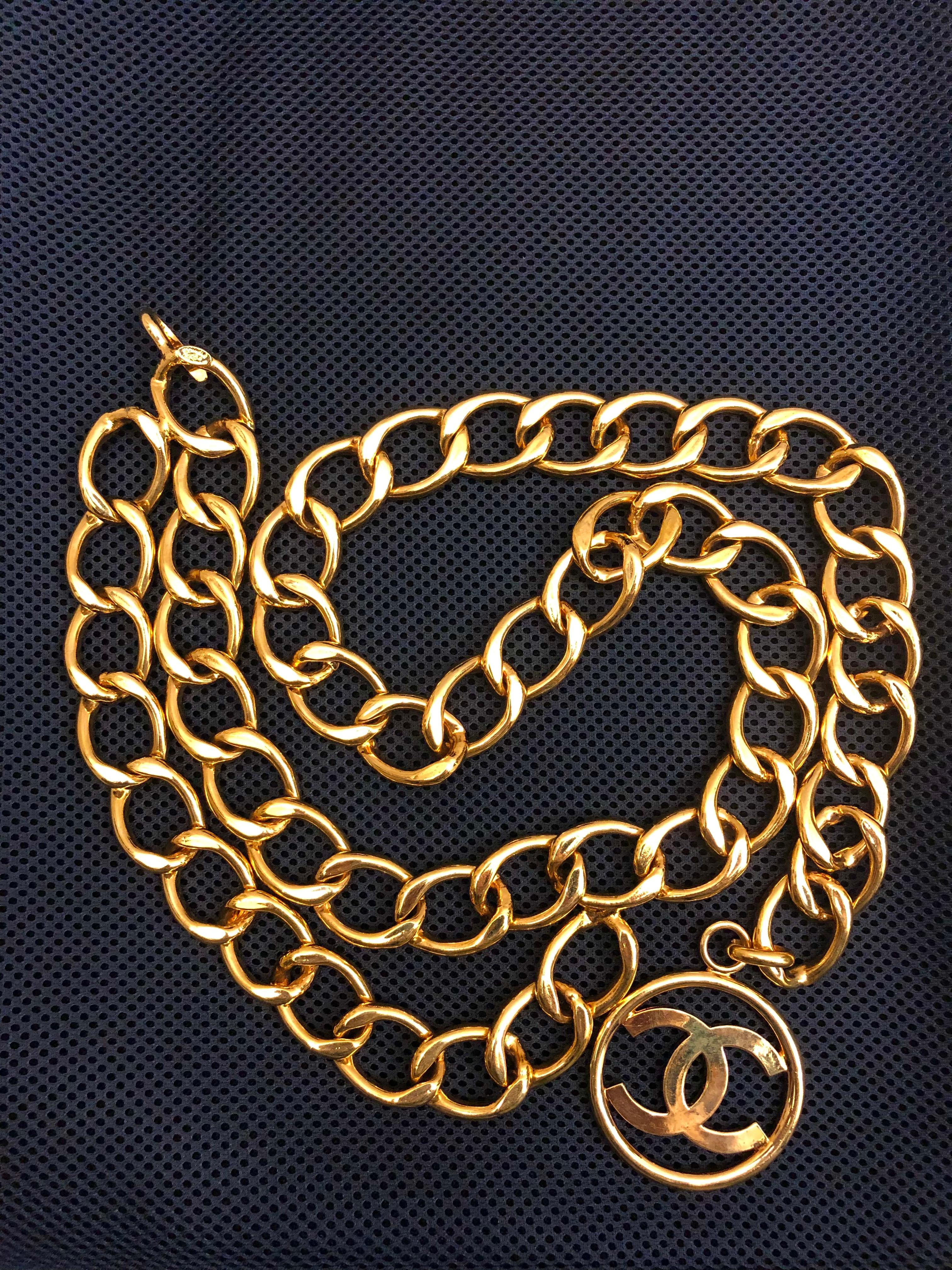 Brown 1993 Vintage CHANEL Massive Gold Toned CC Chain Belt  For Sale