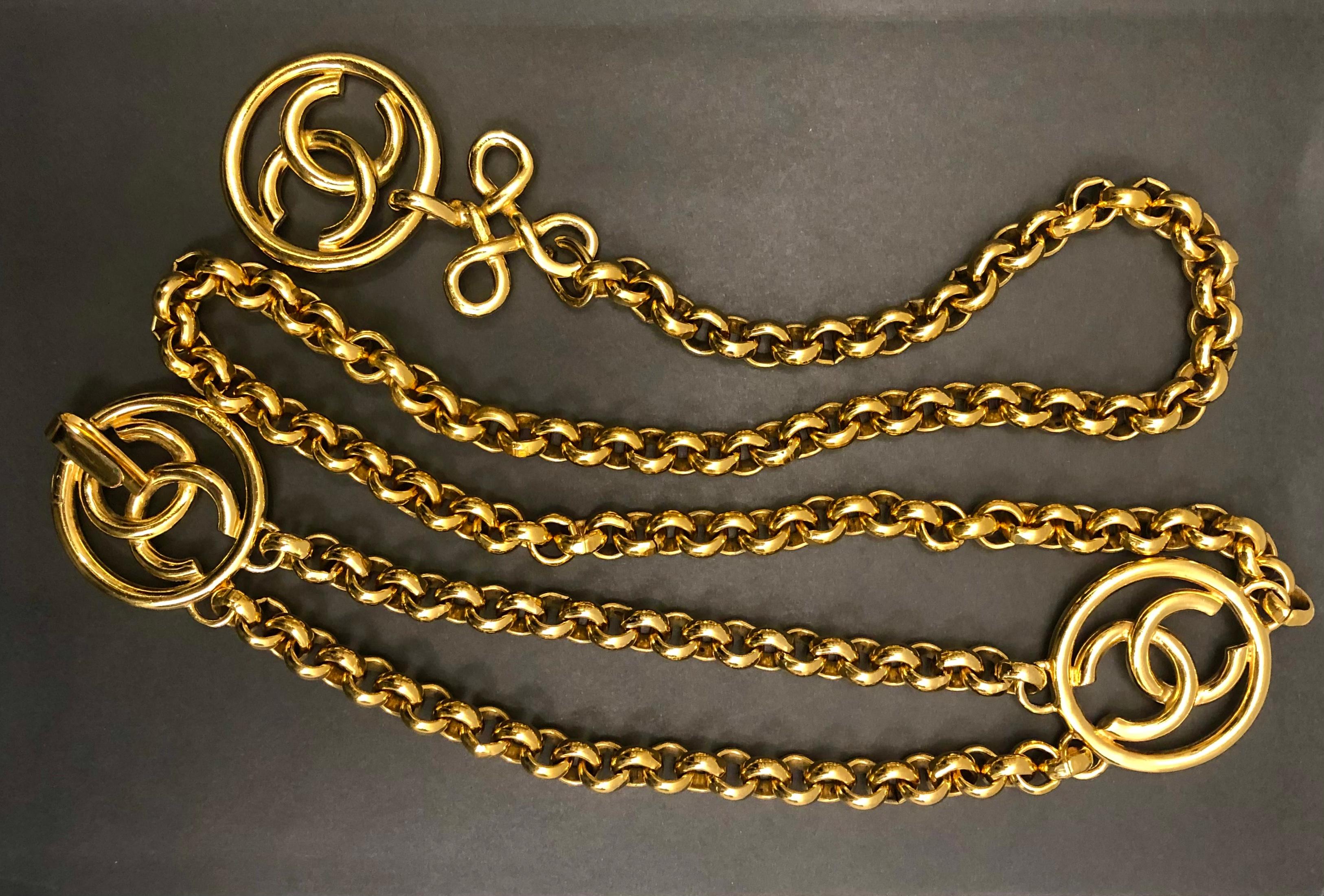 1993 Vintage CHANEL Gold Toned Clover CC Chain Belt 40 Inches Long 1