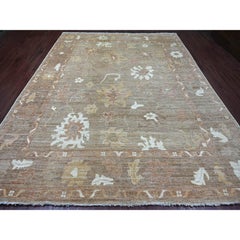 9'3"x11'10" Light Brown Afghan Angora Oushak Leaf Design Hand Knotted Wool Rug