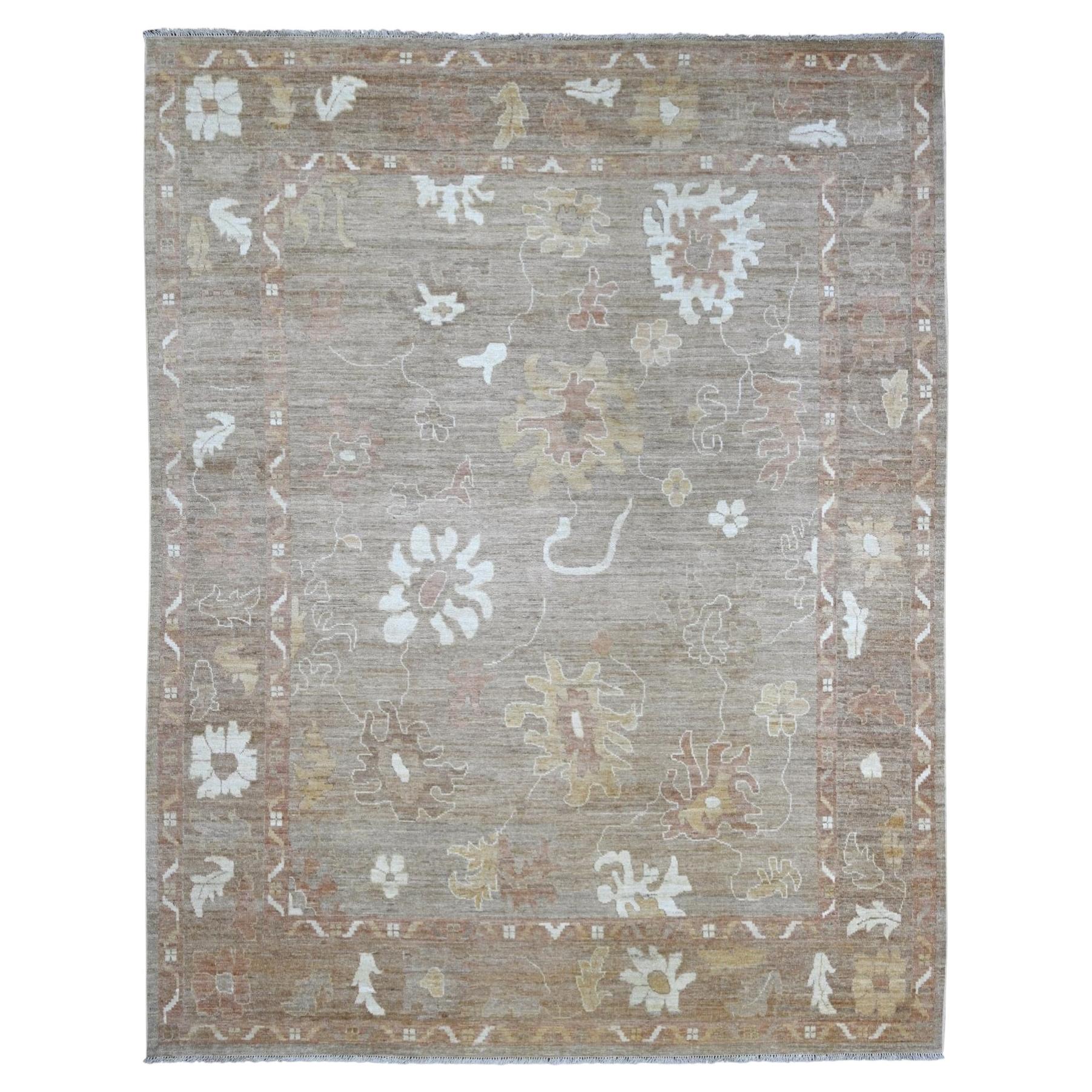 9'3 "x11'10" Hellbrauner Afghanischer Angora Oushak Blatt Design Handgeknüpfter Wollteppich