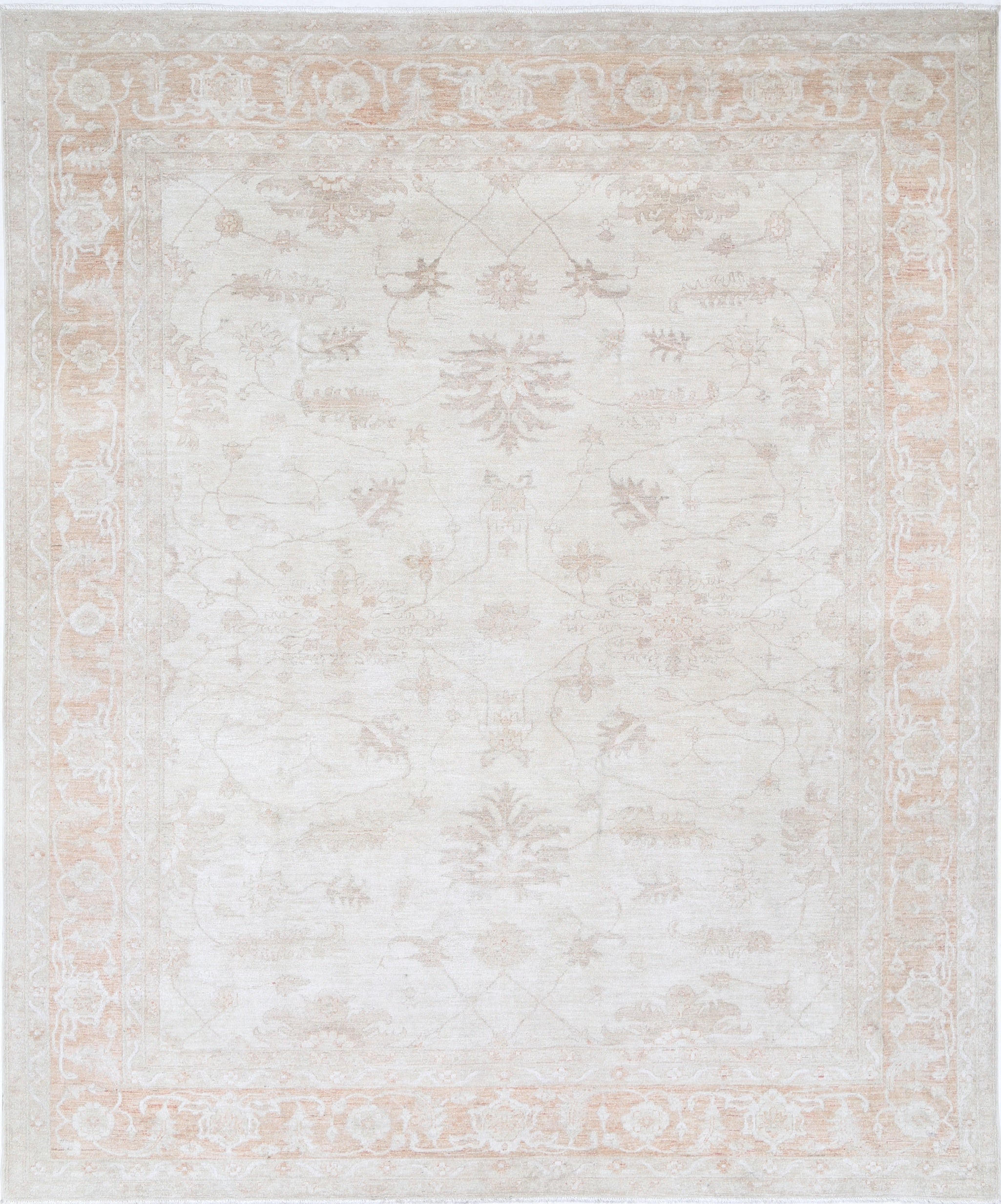9.3x11.2 ft Hand Knotted Beige Large Area Rug. Traditional Floral Oushak Carpet