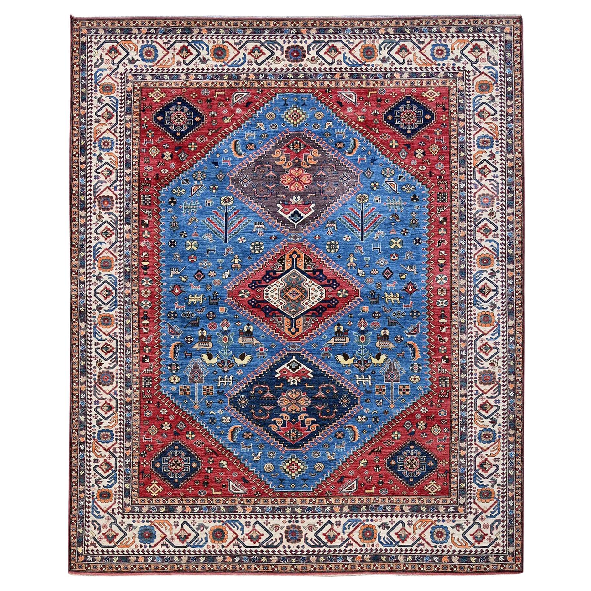 9'3 "x11'7" Blauer afghanischer Ersari mit kaukasischem Design Revival Handgeknüpfte Wolle