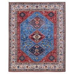 9'3 "x11'7" Blue Afghan Ersari with Caucasian Design Revival Laine nouée à la main