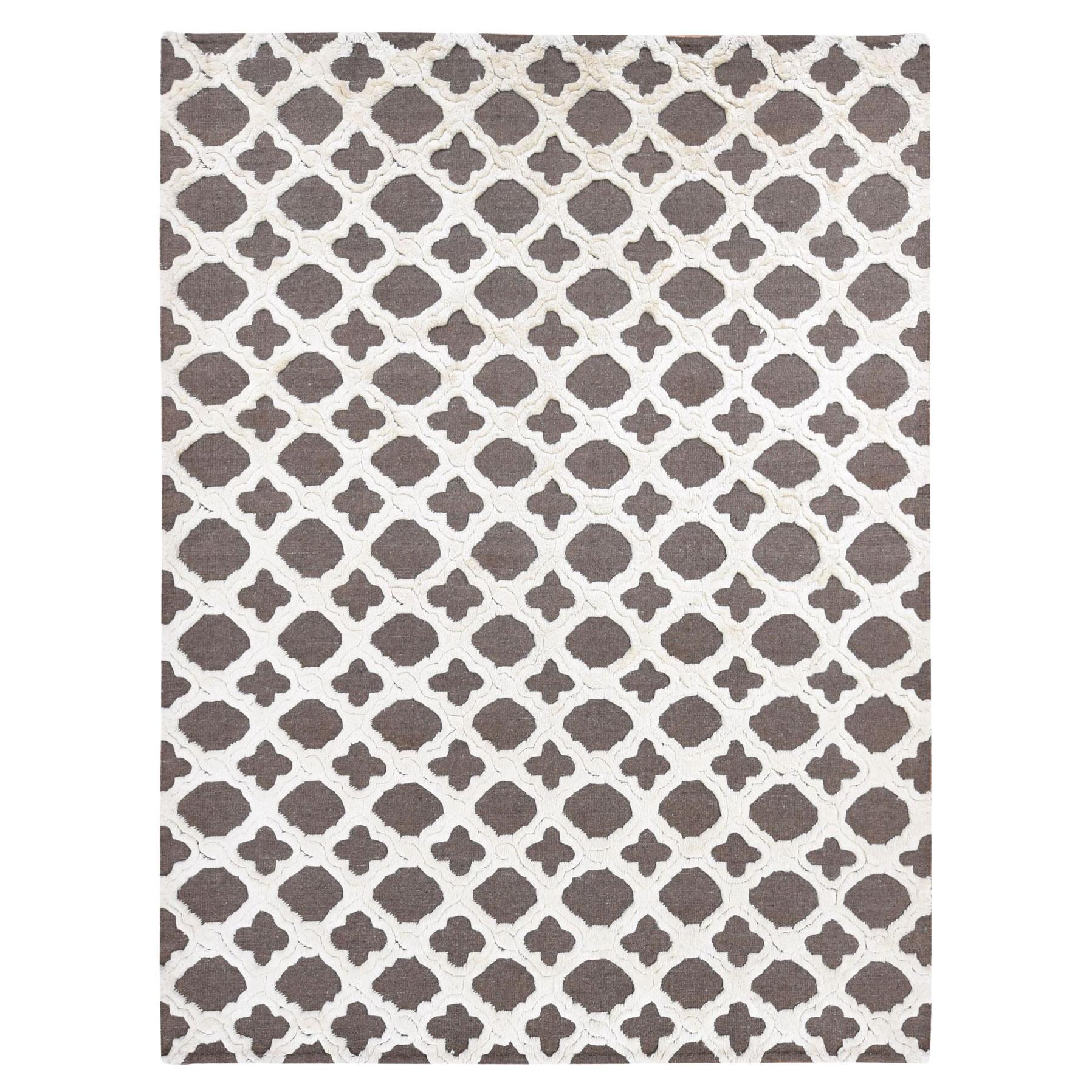 9'3 "x11'7" Elfenbein und Grau Weiche Wolle Hand geknüpft Hoch und Lo Pile Teppich im Angebot