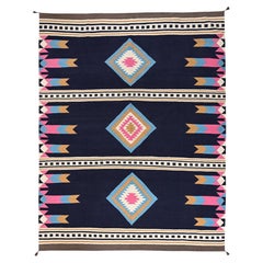 Tapis tissé à la main, motif géométrique du sud-ouest, tissage plat, bleu nuit, 2,82 m x 3,53 m