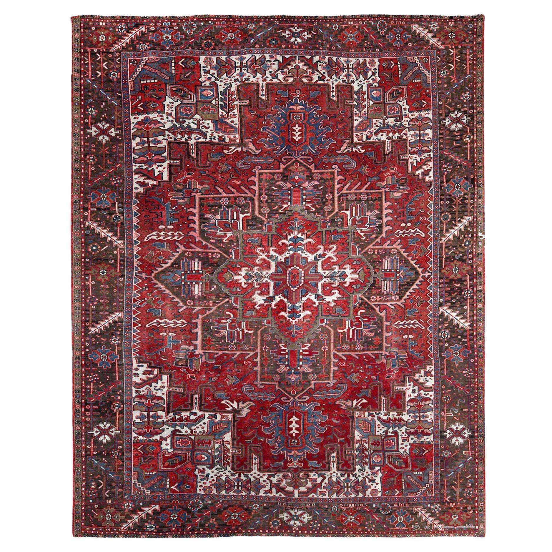 9'3 "x11'8" Currant Red Pure Wool Semi Antique Persian Heriz Hand Knots Rugs