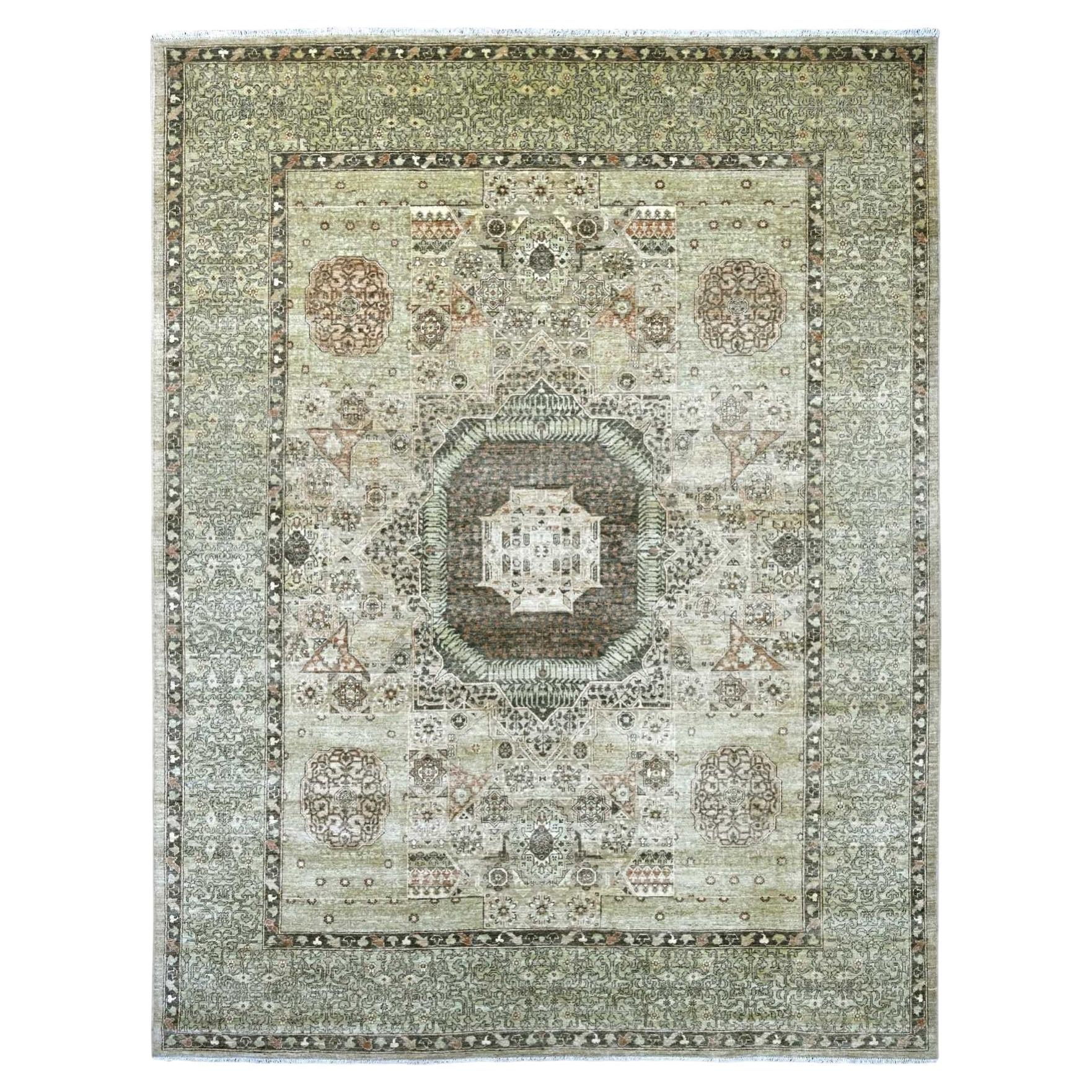 9'3"x11'8" Green 14th Century Mamluk Dynasty Pattern Hand Knotted Soft Wool Rug For Sale